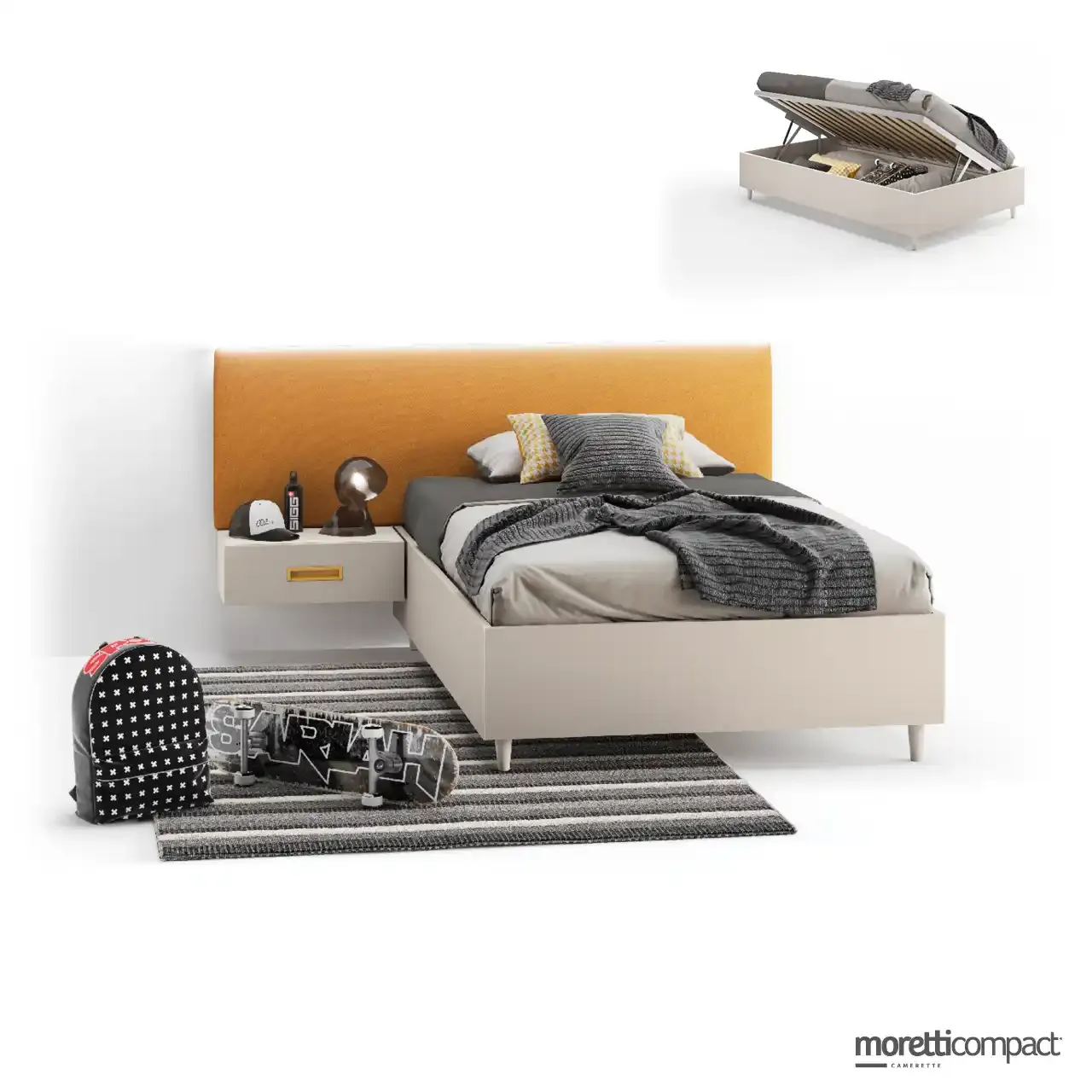 Letto sommier Moretti Compact con pannello Wally e wallbox sospeso