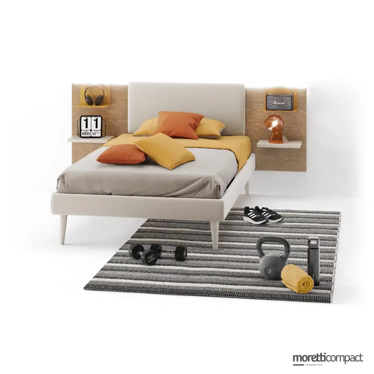 Letto sommier Moretti Compact con pannello Wally e cuscino Pillow