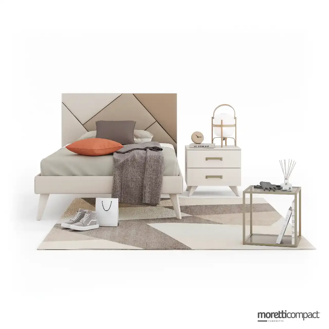 Letto Cross Moretti Compact con testata geometrica imbottita e comodino Squarebox