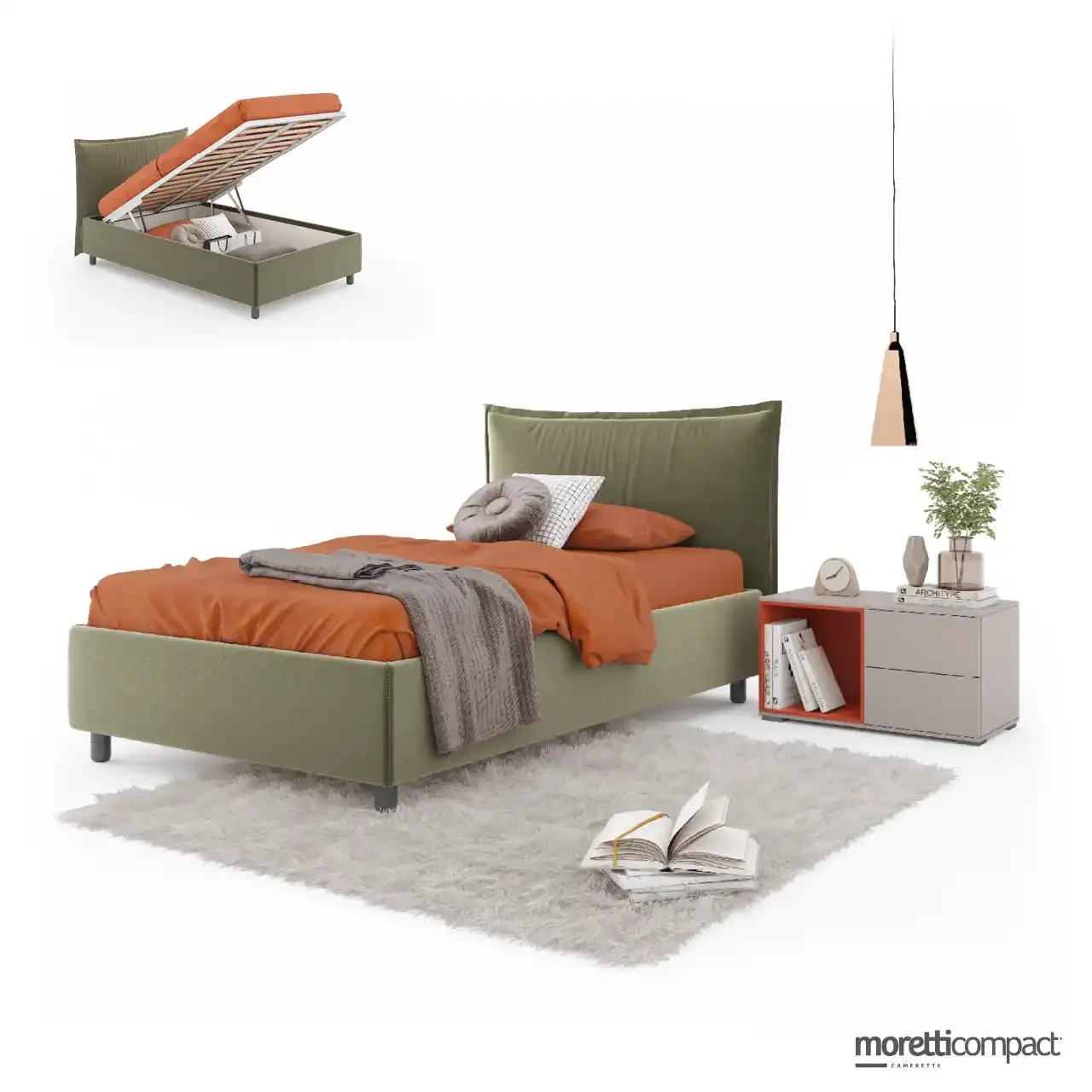 Letto Hug Moretti Compact con testata imbottita e comodino Wallbox corallo