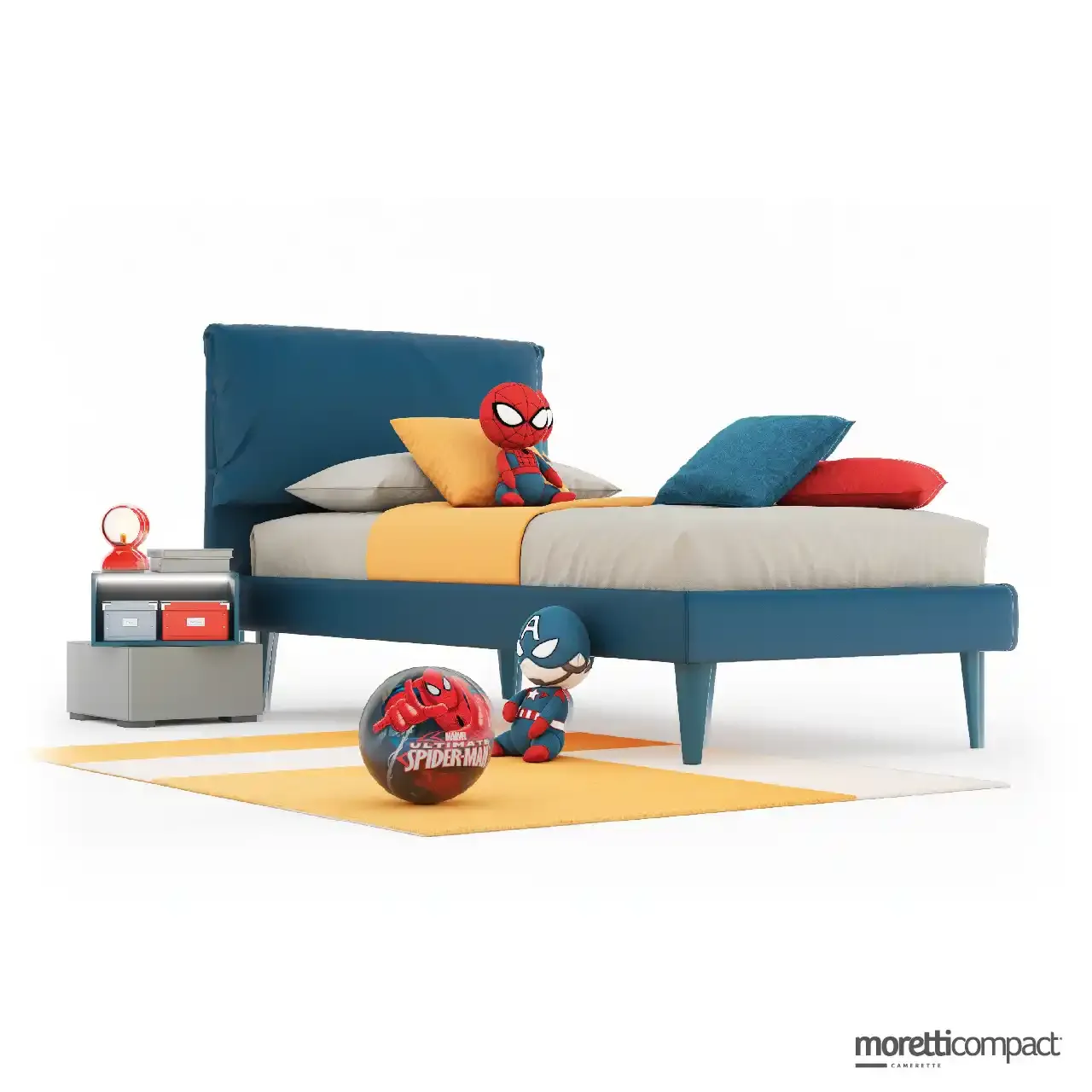 Letto Ginger Moretti Compact con testata imbottita blu e comodino Wallbox