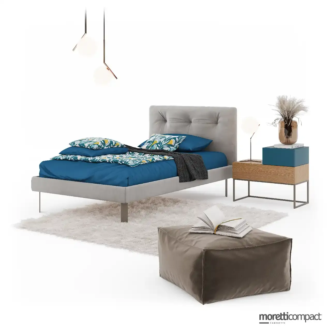 Letto Step Moretti Compact con testata a cuscino imbottito e wallbox su metallo