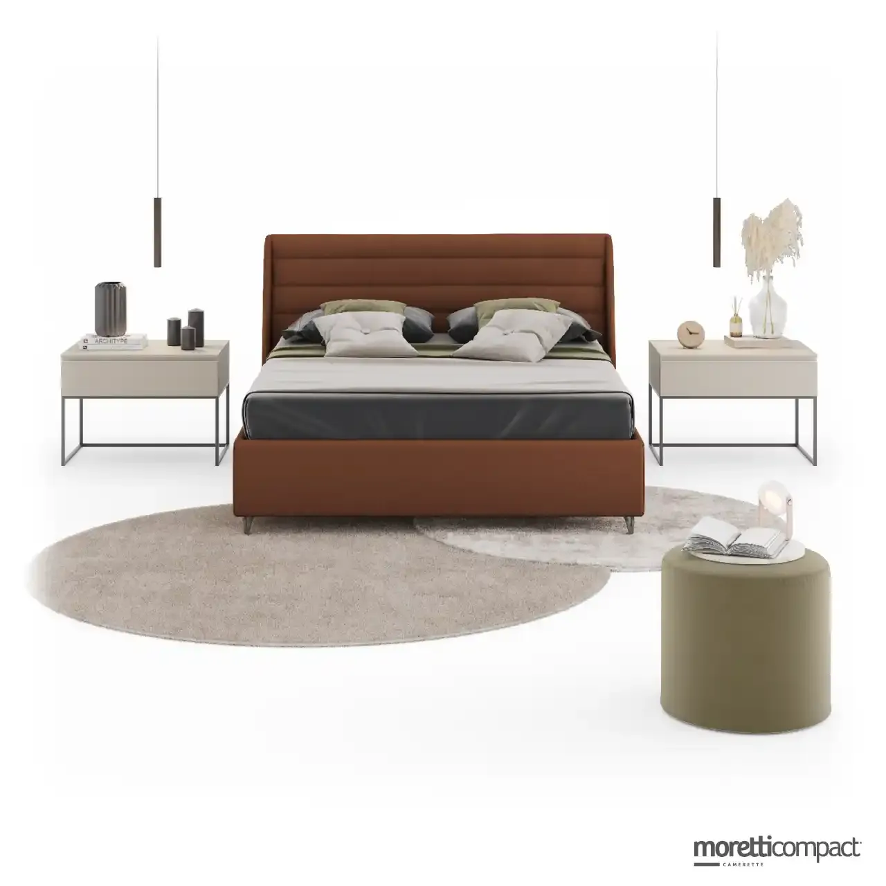 Letto Imperial Moretti Compact con testata imbottita a cuciture orizzontali e comodini Squarebox