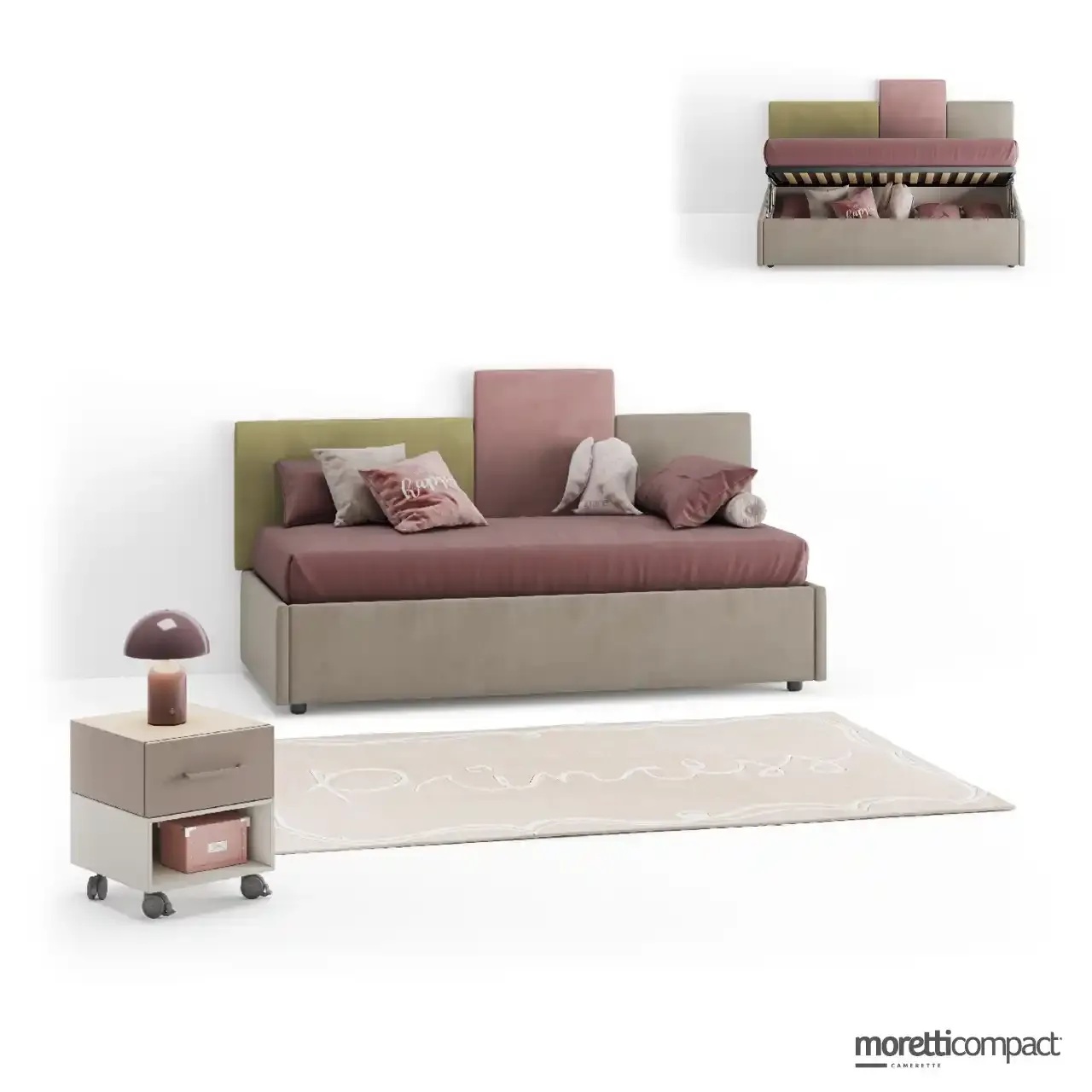 Divano letto Zaffiro Moretti Compact imbottito con cuscini e comodino su ruote
