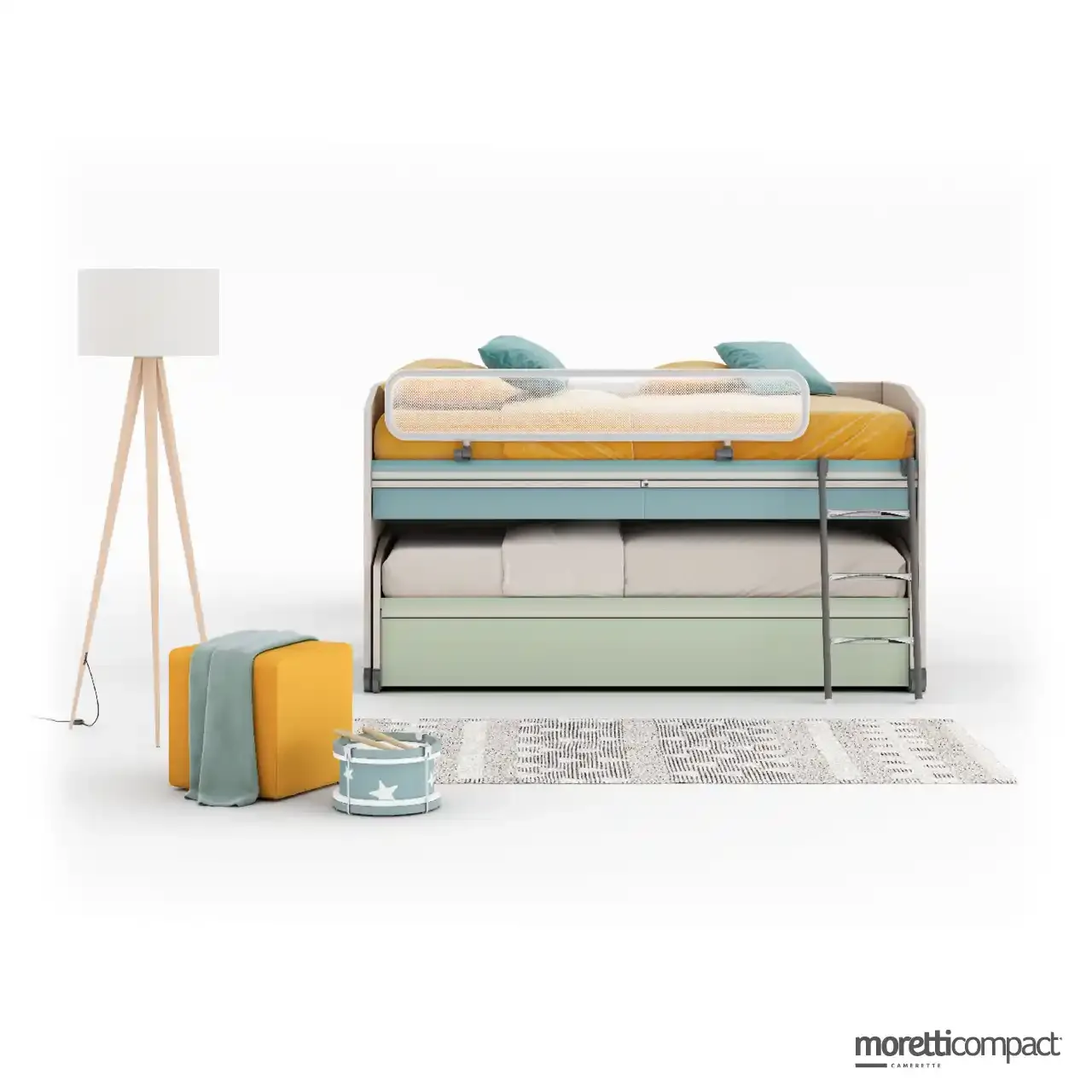 Letto Space Idea Moretti Compact con protezione Web, scala a pioli e piani scrivania estraibili