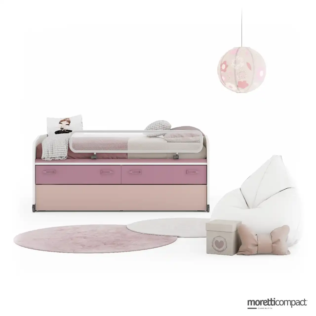 Letto Space Idea Moretti Compact con cassetti e rete estraibile in rosa dalia e peonia