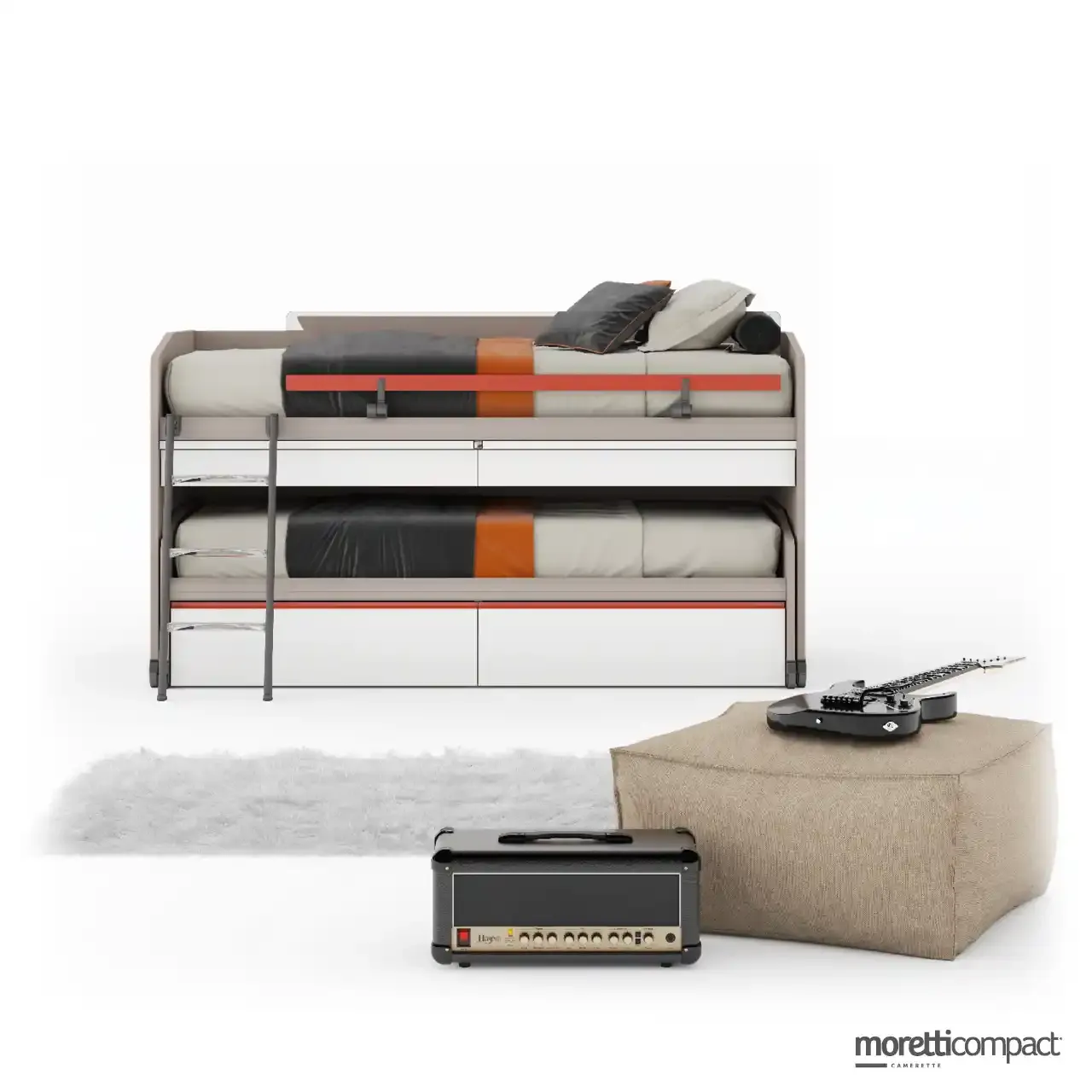 Letto Space Idea Moretti Compact con cassettoni e secondo letto in perla e corallo