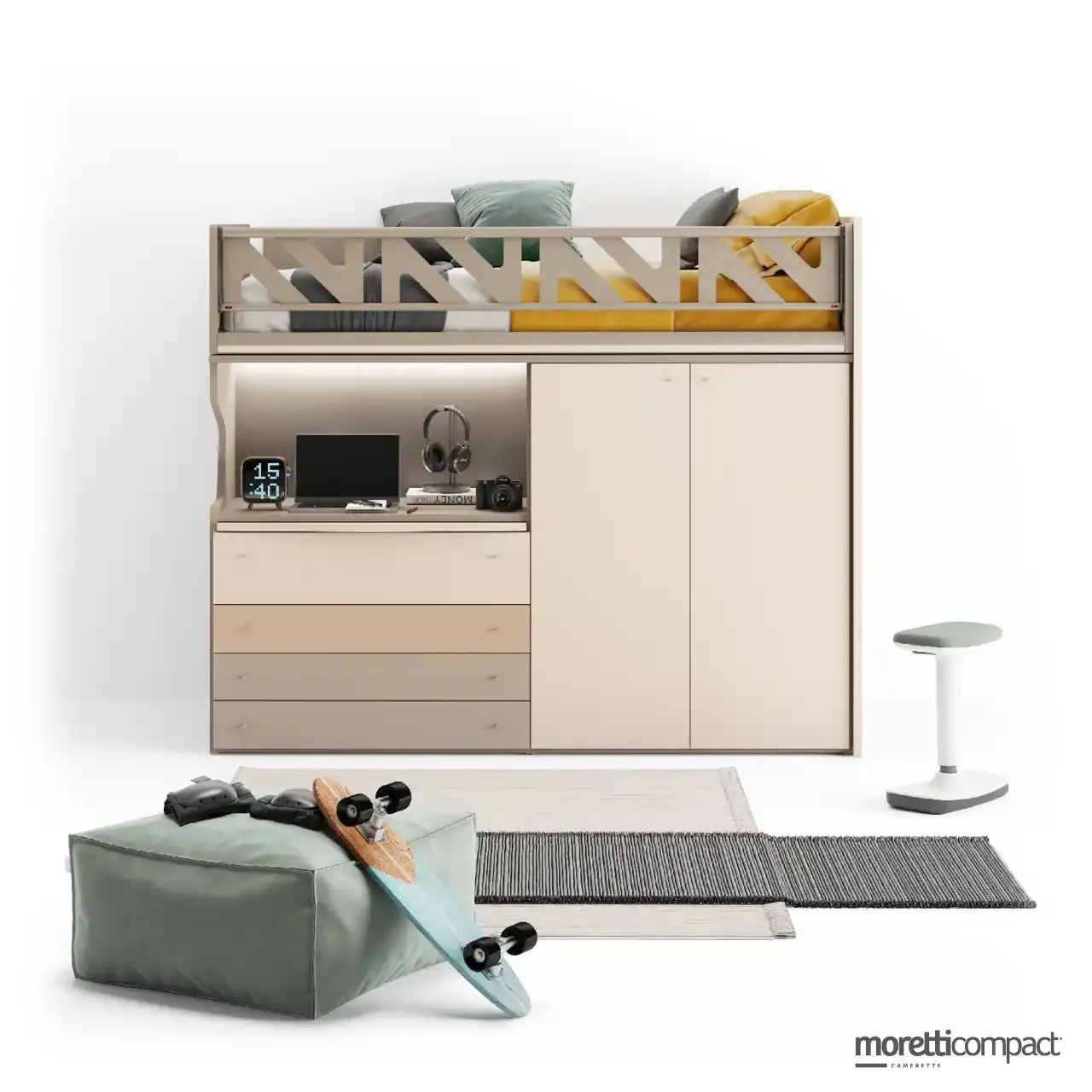 Soppalco Level Smart Moretti Compact con armadio, cassettiera e scrivania estraibile