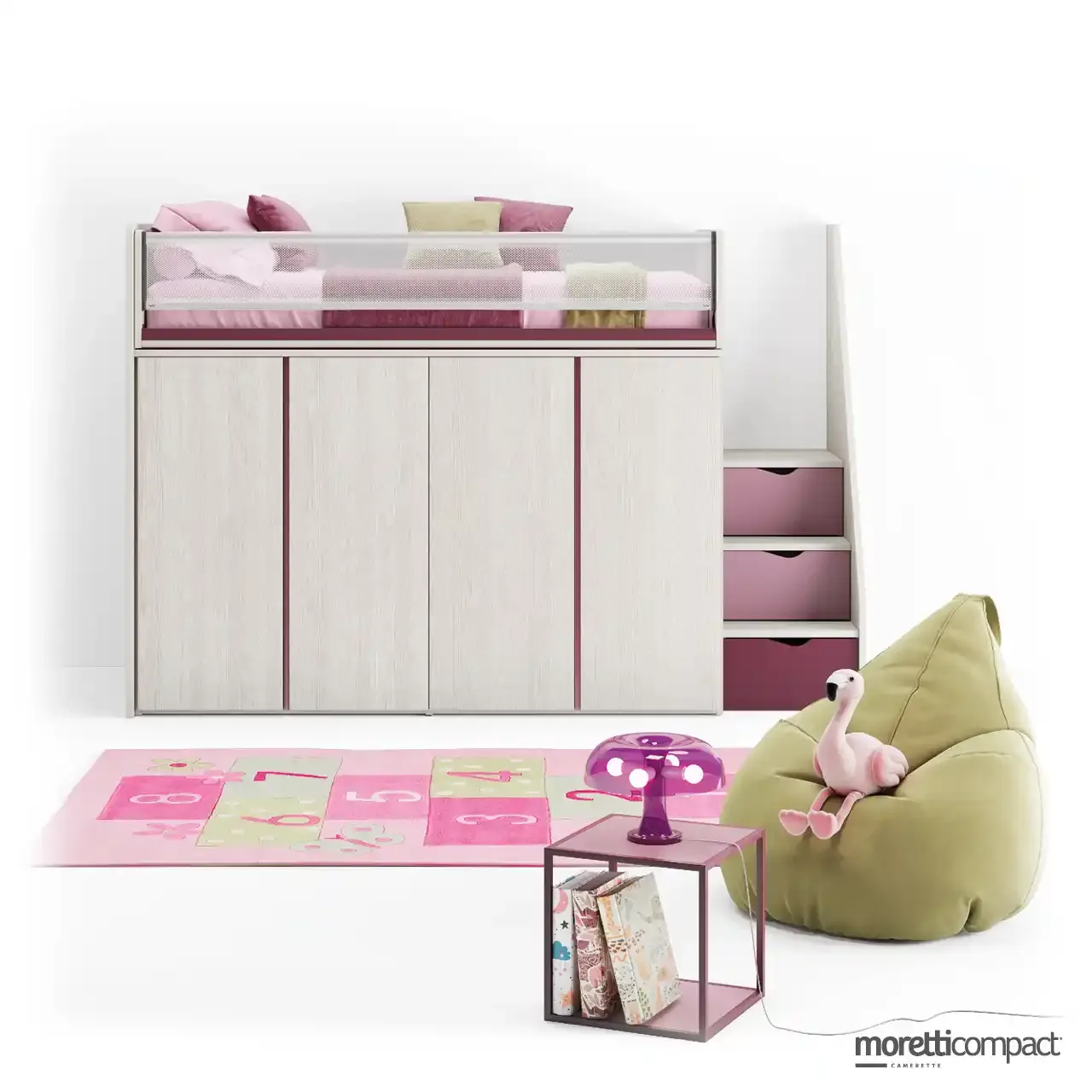 Soppalco Level Smart Moretti Compact con barriera Long Web e ante in betulla e lampone
