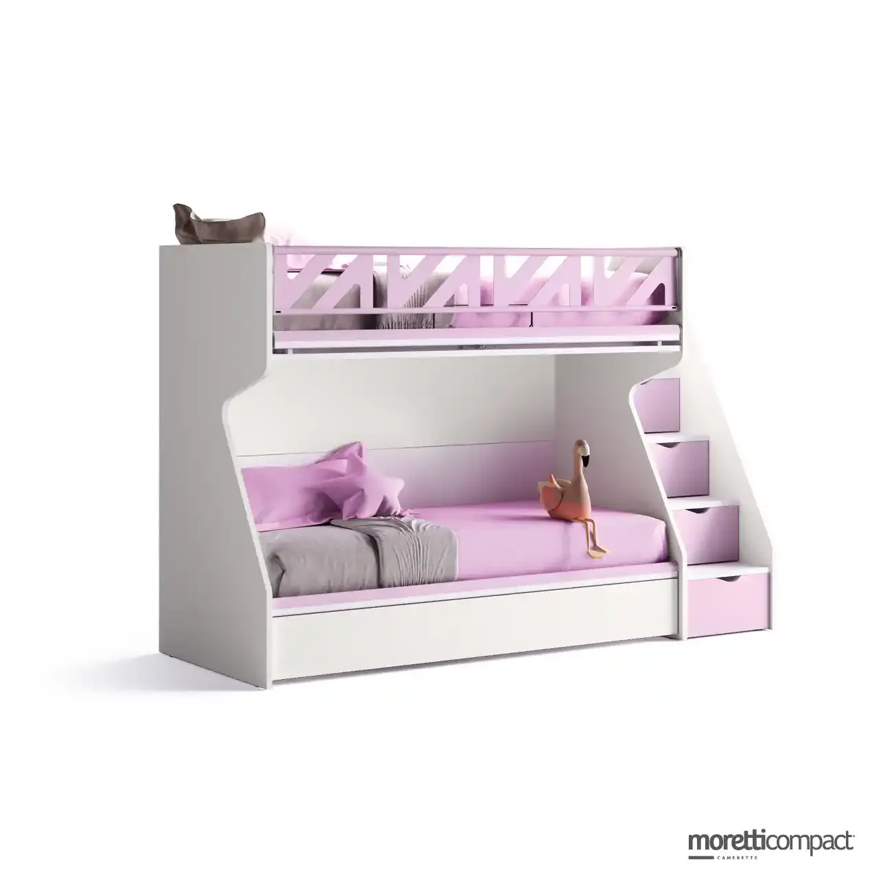 Letto a castello Level Flow Moretti Compact con barriera Long Avant e scala a cassetti