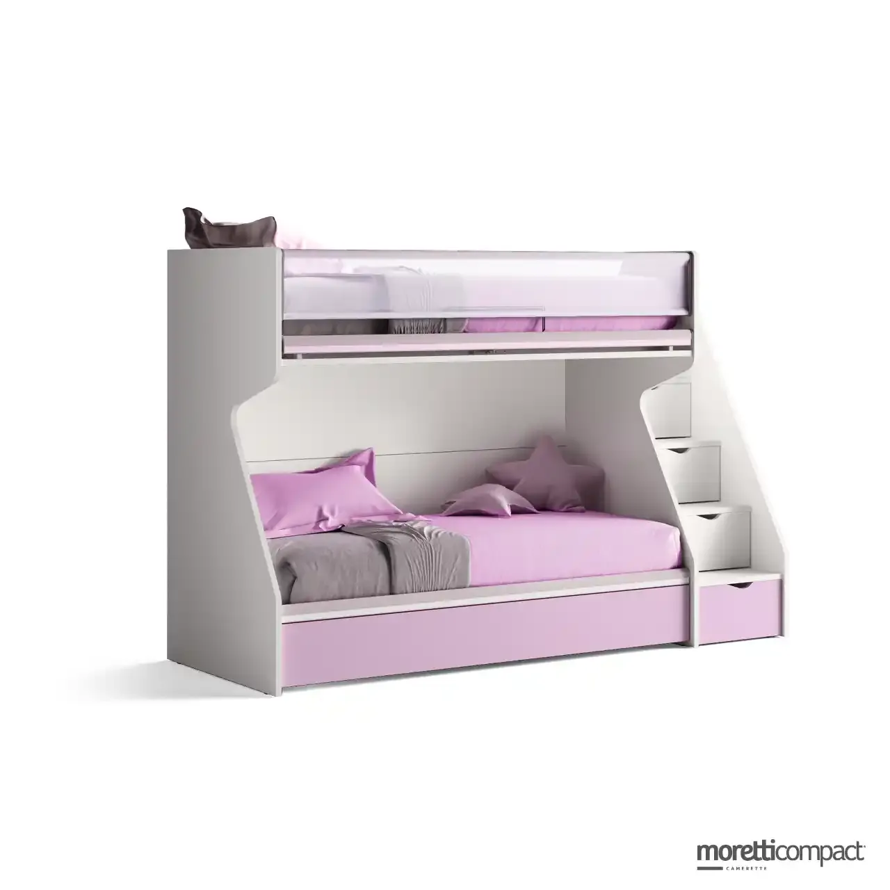 Letto a castello Level Flow Moretti Compact con barriera trasparente Long Web e scala a vani