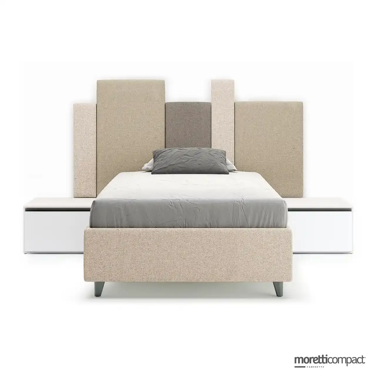 Letto sommier Moretti Compact con testata a pannelli imbottiti Tetris e comodini Squarebox
