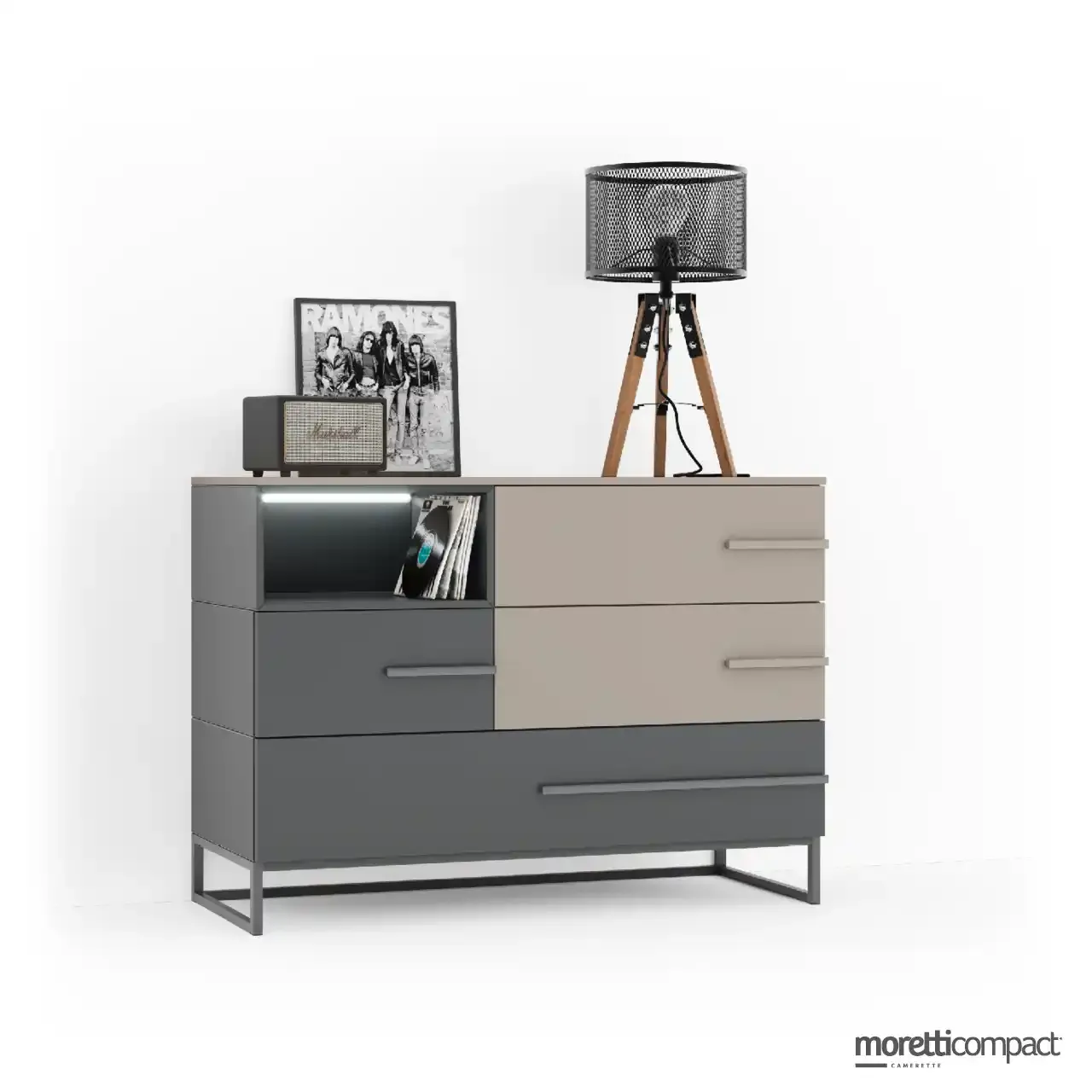 Comò Wallbox Moretti Compact su basamento in alluminio in tortora e ardesia