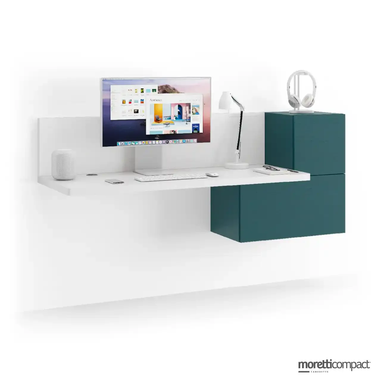 Scrivania sospesa Moretti Compact con Wallbox sospesi accanto al piano