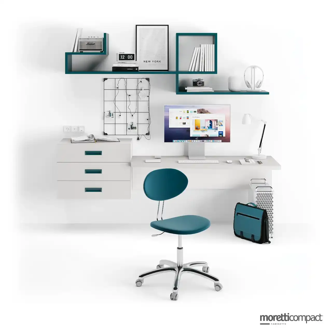 Zona studio Moretti Compact con scrivania sospesa, Wallbox e libreria Outline