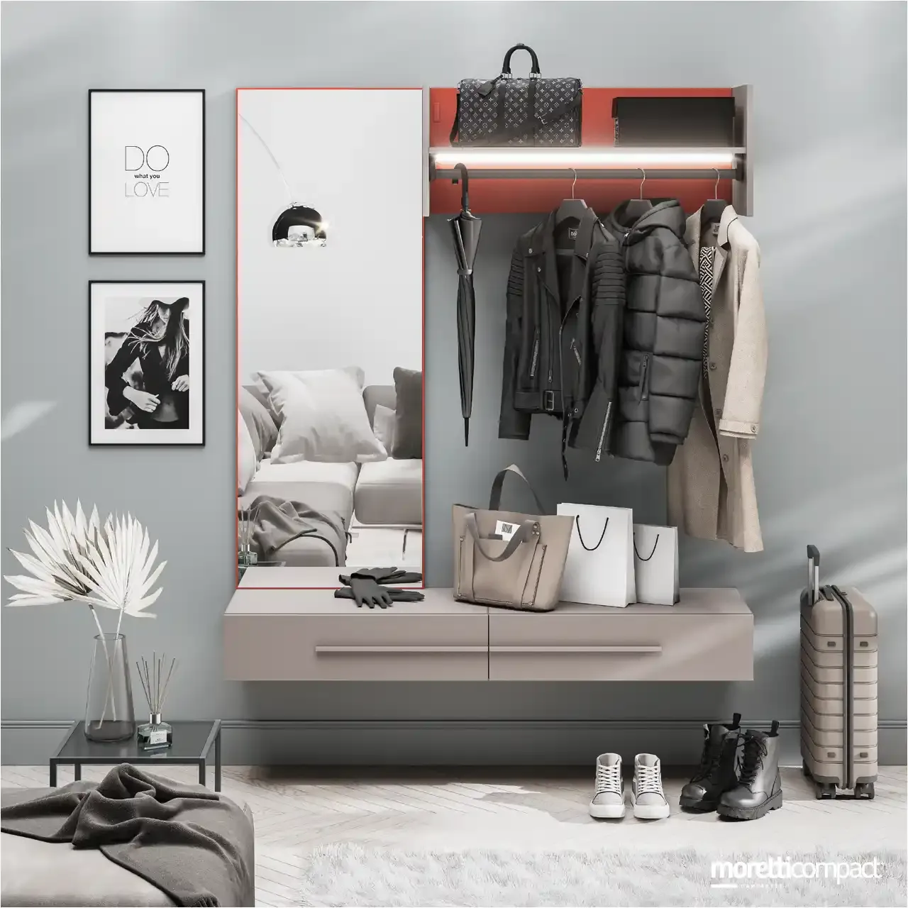 Ingresso Moretti Compact con specchiera Profile, Hatbox e Wallbox sospesi