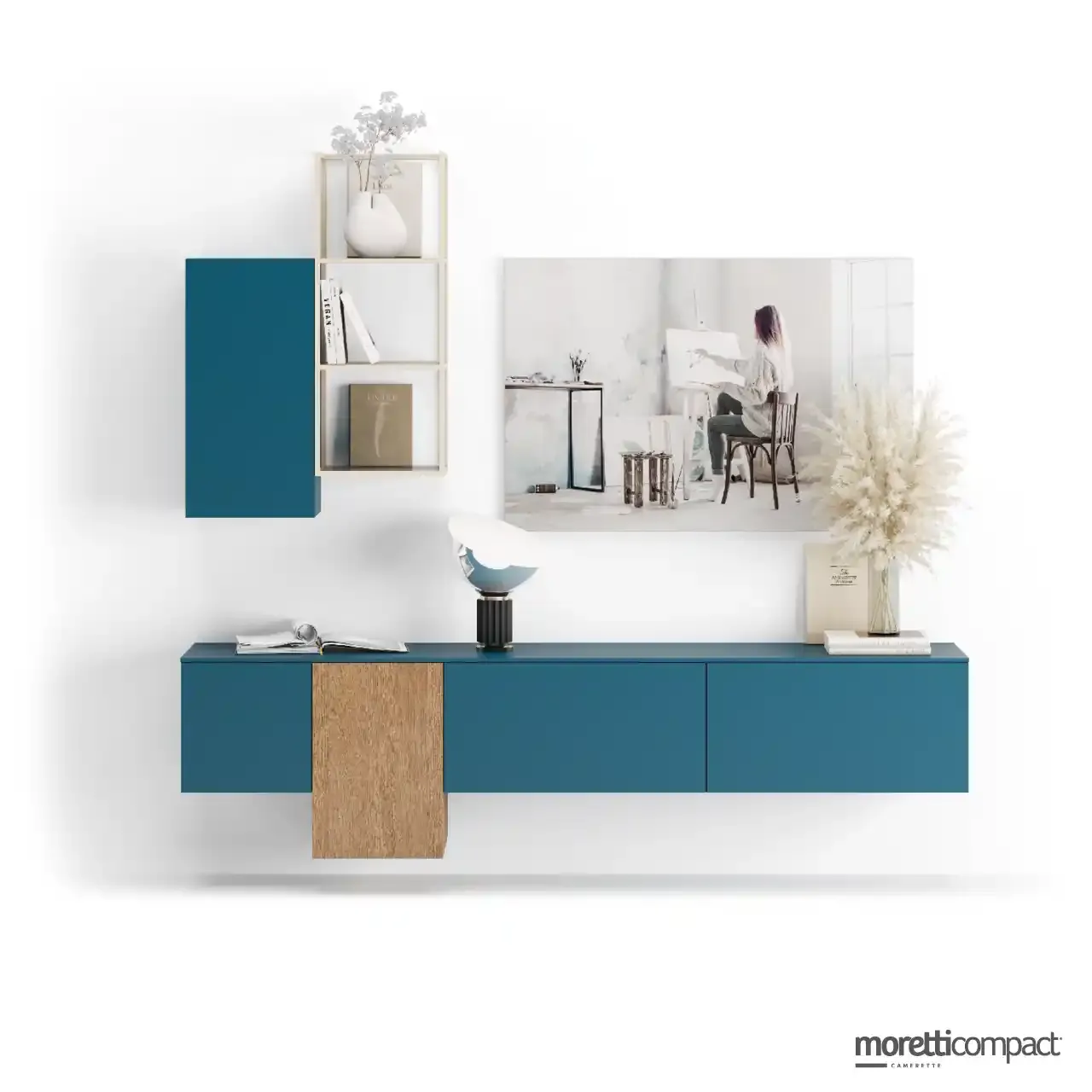Parete soggiorno Moretti Compact con Air Frame e Wallbox sospesi