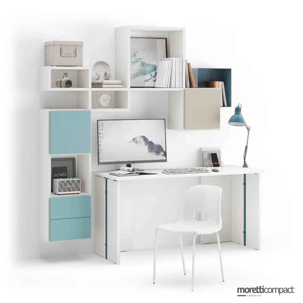 Zona studio Moretti Compact con scrivania Insert e libreria Outline sospesa