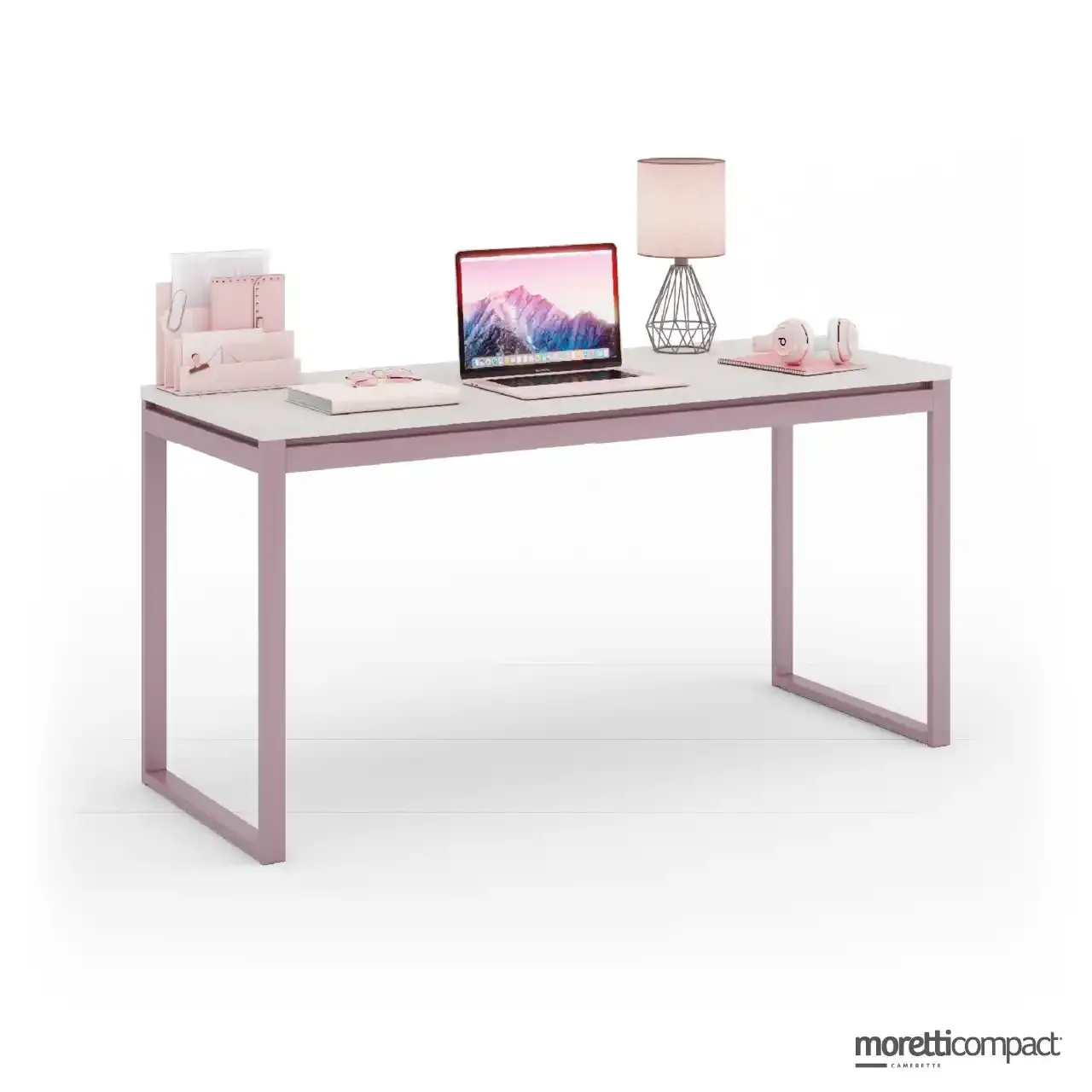Scrivania Moretti Compact con piano in betulla e supporti Fix Plus laccati dalia