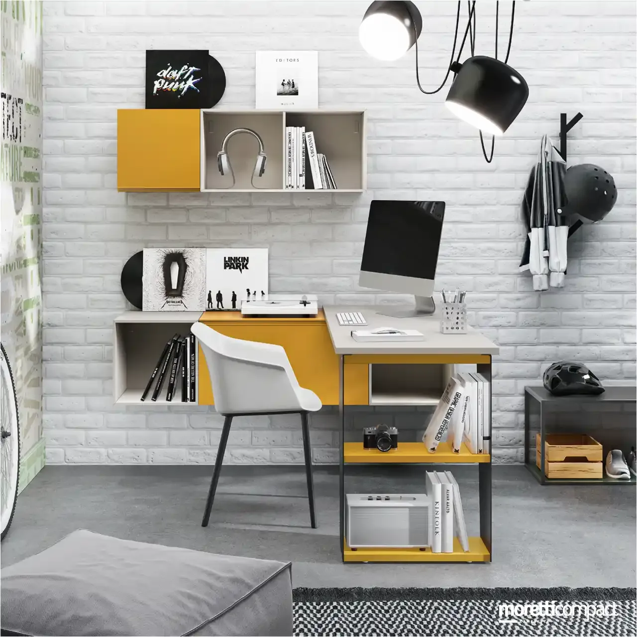 Scrivania a sbalzo Moretti Compact con supporto Loop e Wallbox