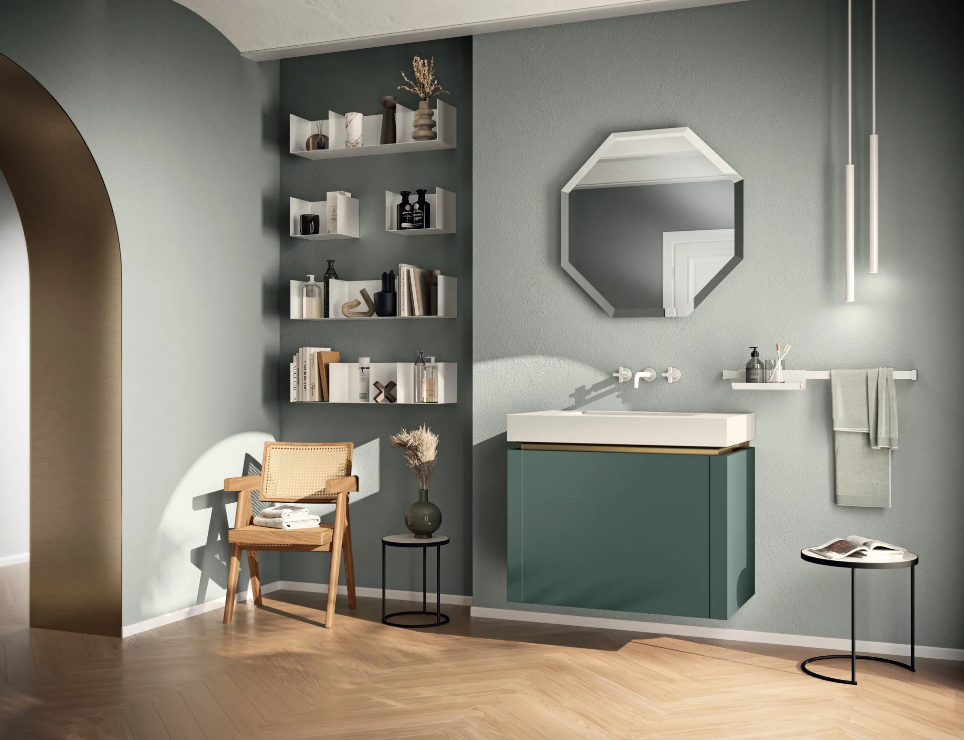Bagno Lido Scavolini con base sospesa in Fenix Verde Comodoro, gola Ottone e specchio ottagonale