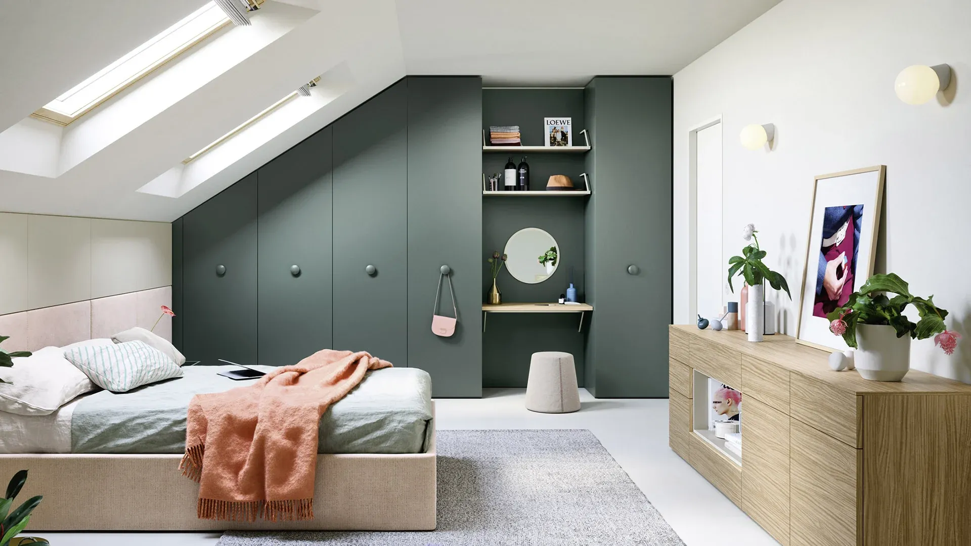 Armadio ad ante battenti Nidi verde salvia in cameretta mansardata con letto e mobile basso