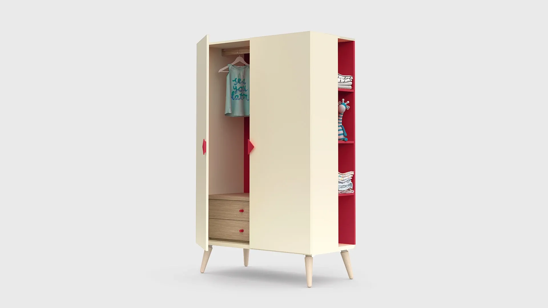 Armadio Woody Nidi crema con interno rosso scontornato su fondo chiaro
