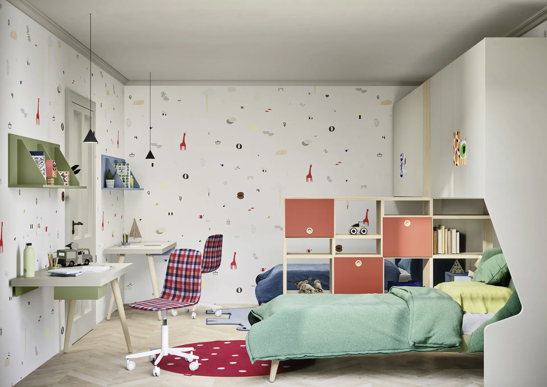 Cameretta Nidi con letto Nuk verde, libreria e scrivania con sedia rosa