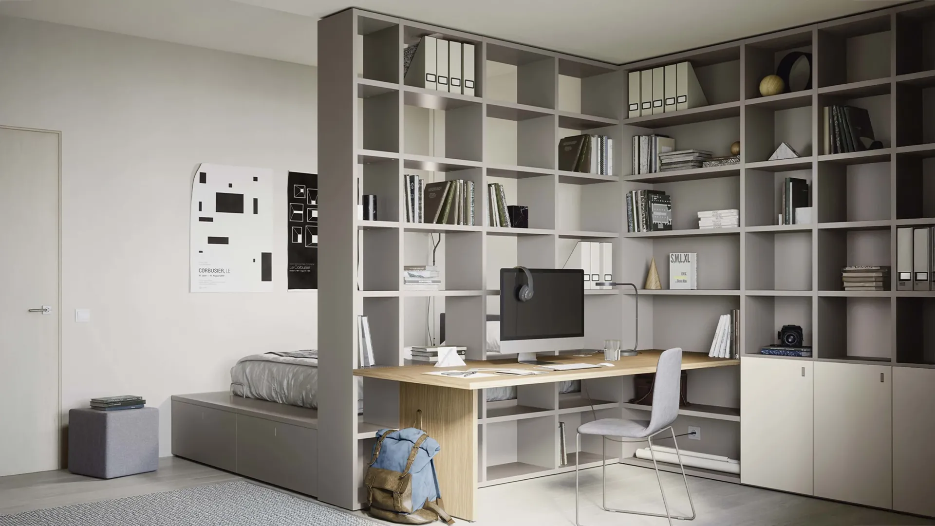 Libreria Holly Nidi ad angolo grigia con scrivania integrata e divano