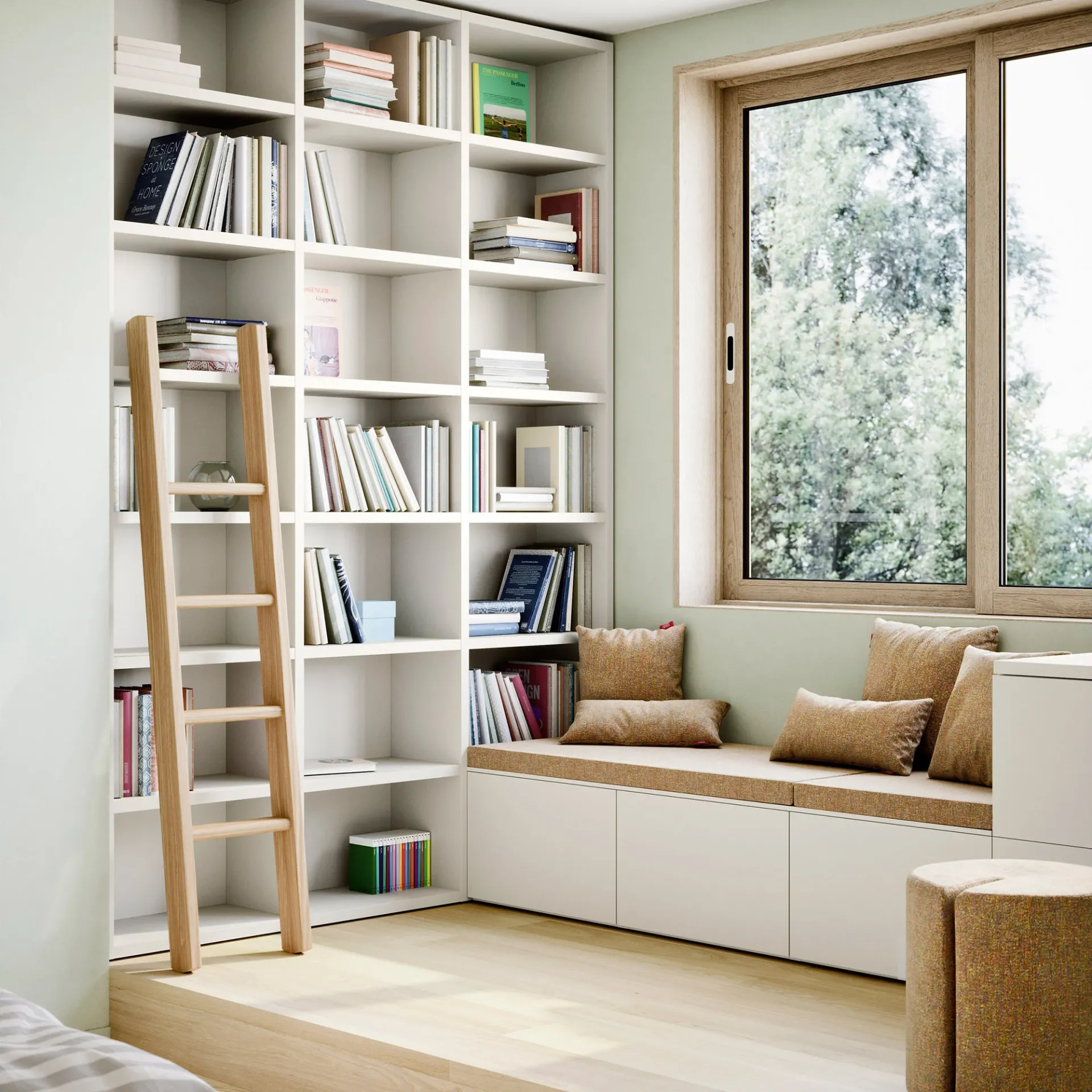 Libreria Holly Nidi bianca a tutta altezza con scala e seduta sotto la finestra