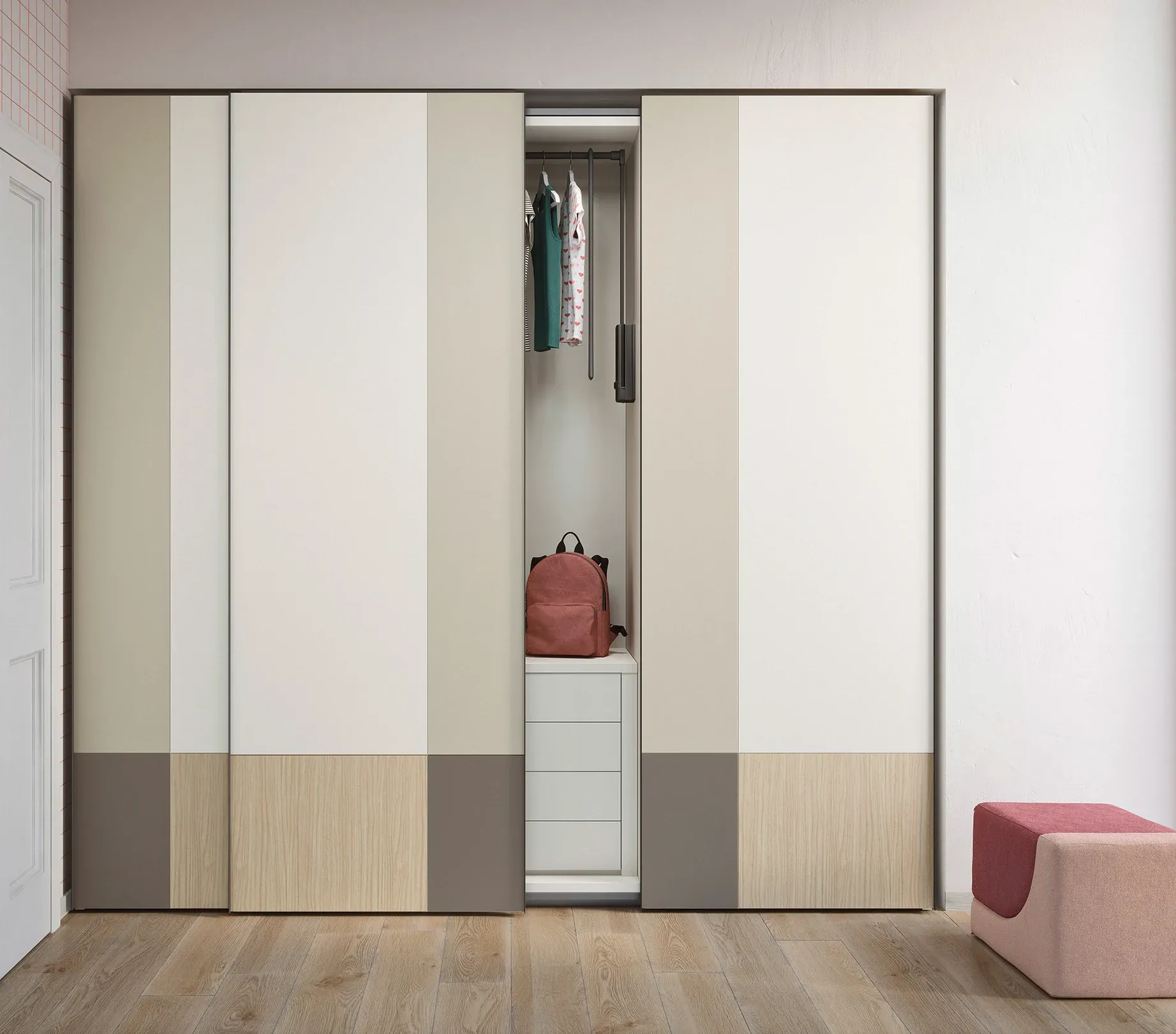 Armadio Lila Nidi con ante a bande beige e legno e cassettiera interna