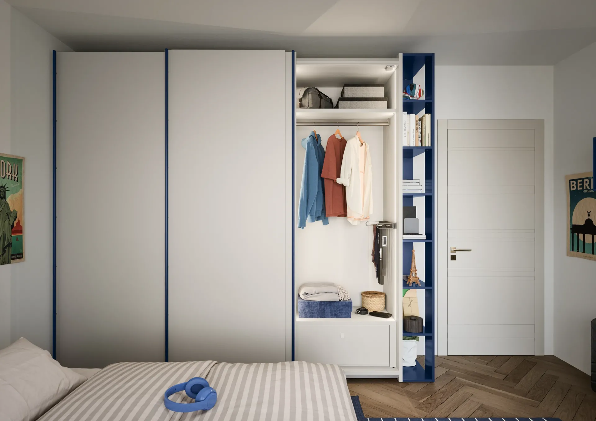 Armadio Nit Nidi aperto con abiti appesi e libreria blu laterale