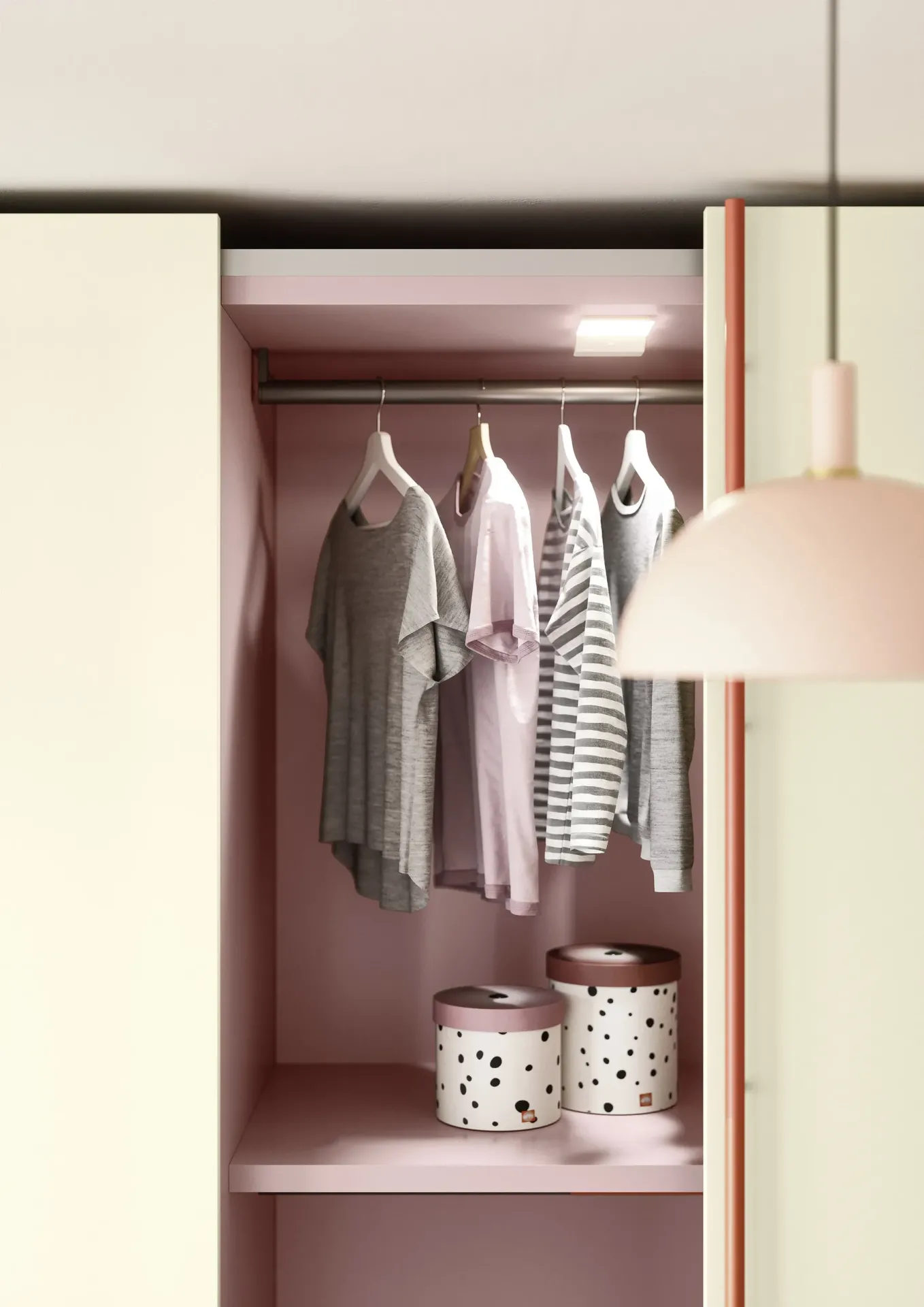 Interno rosa dell'armadio Nit Nidi con luce LED e appendiabiti