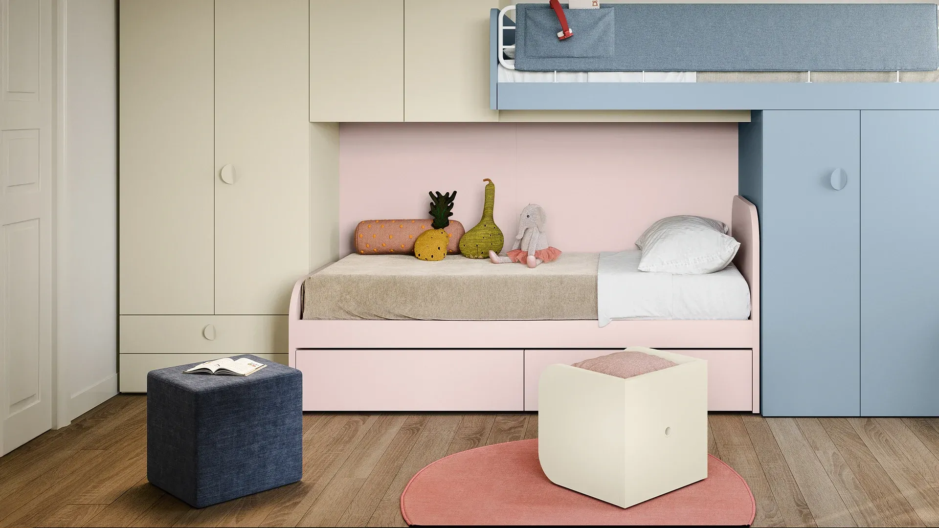 Letto singolo Turn Nidi rosa con letto estraibile sotto un soppalco azzurro