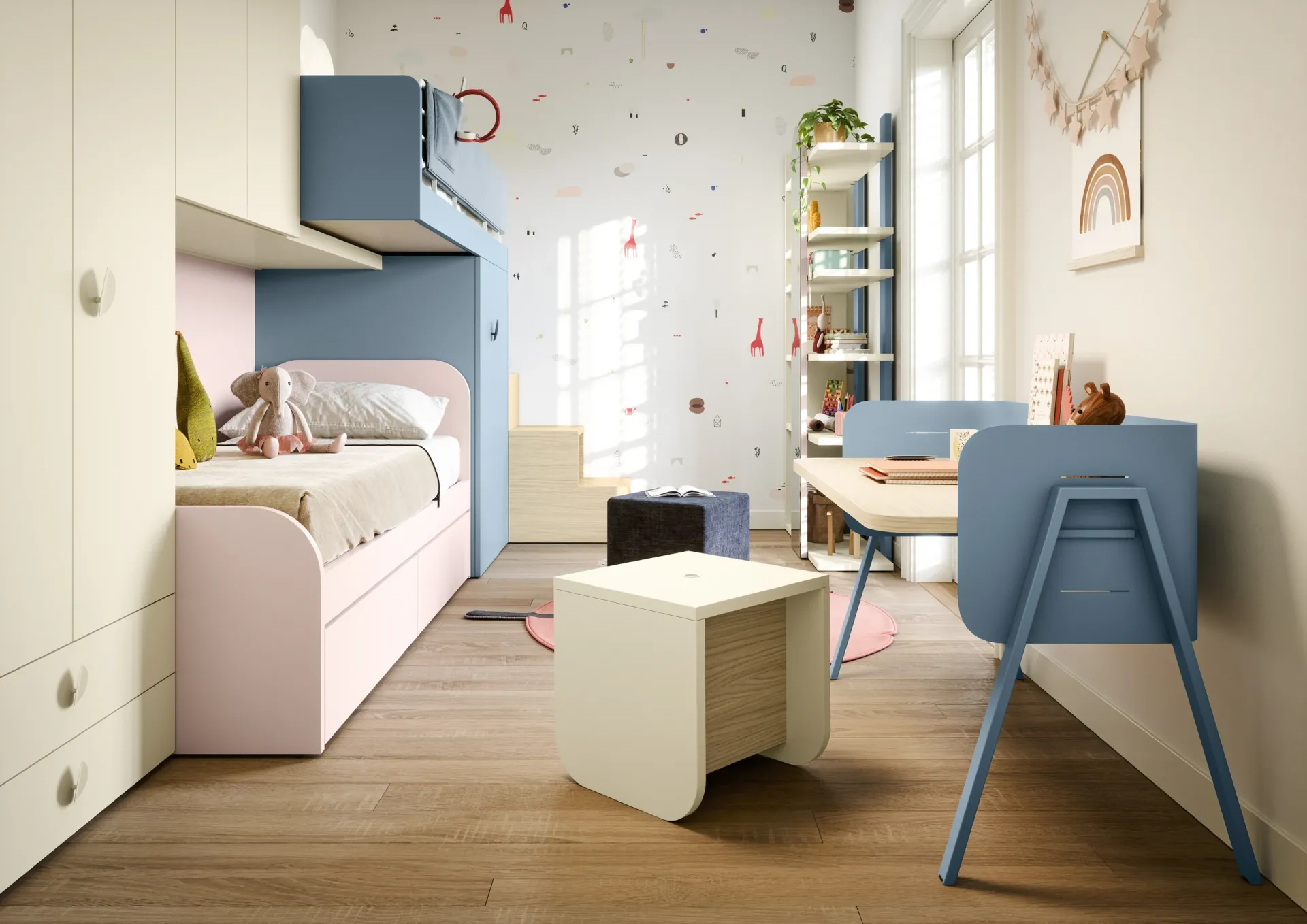 Cameretta Nidi con letto Turn, scrivania azzurra e libreria