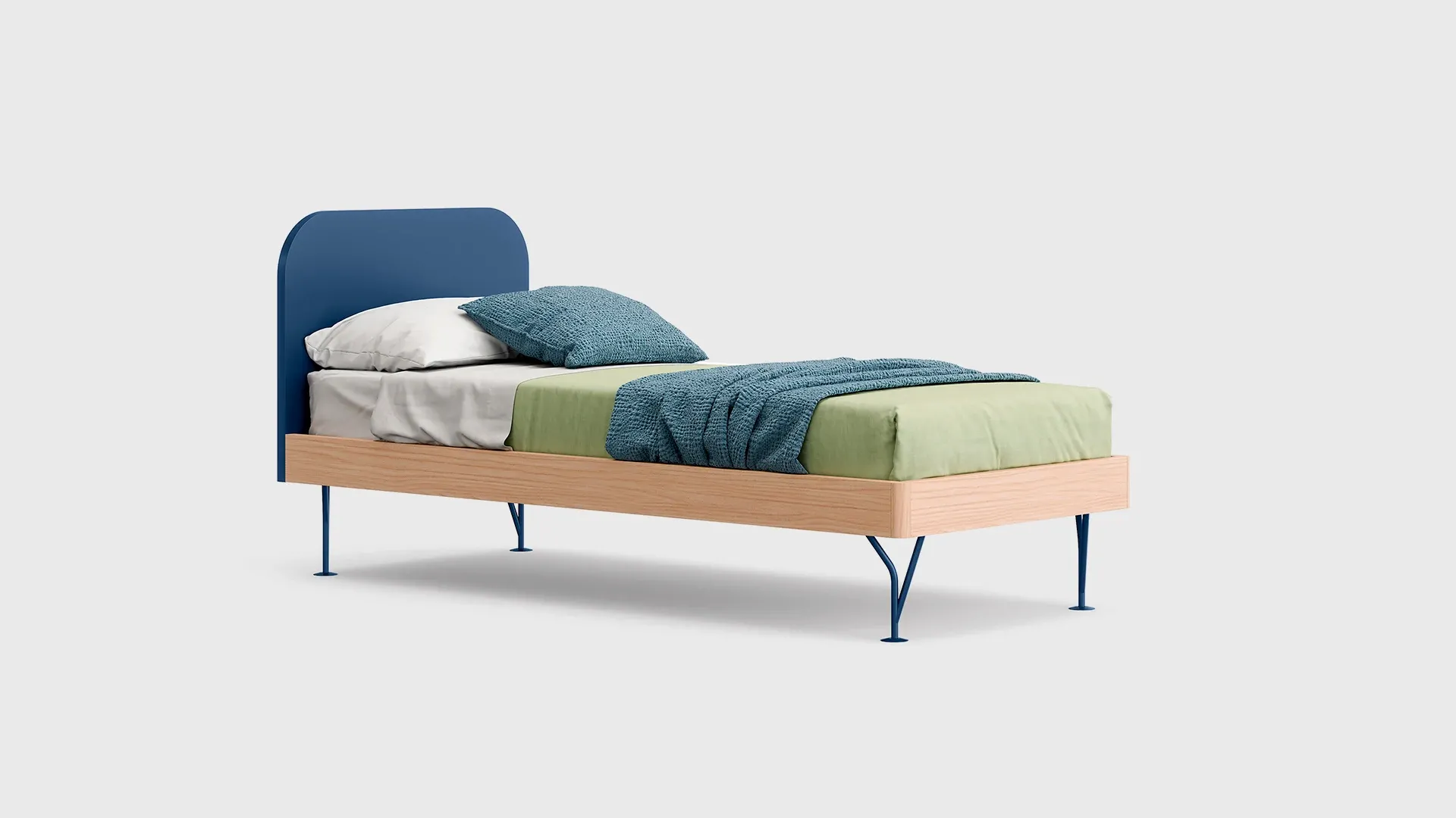 Letto Turn Nidi con testiera blu su gambe sottili scontornato