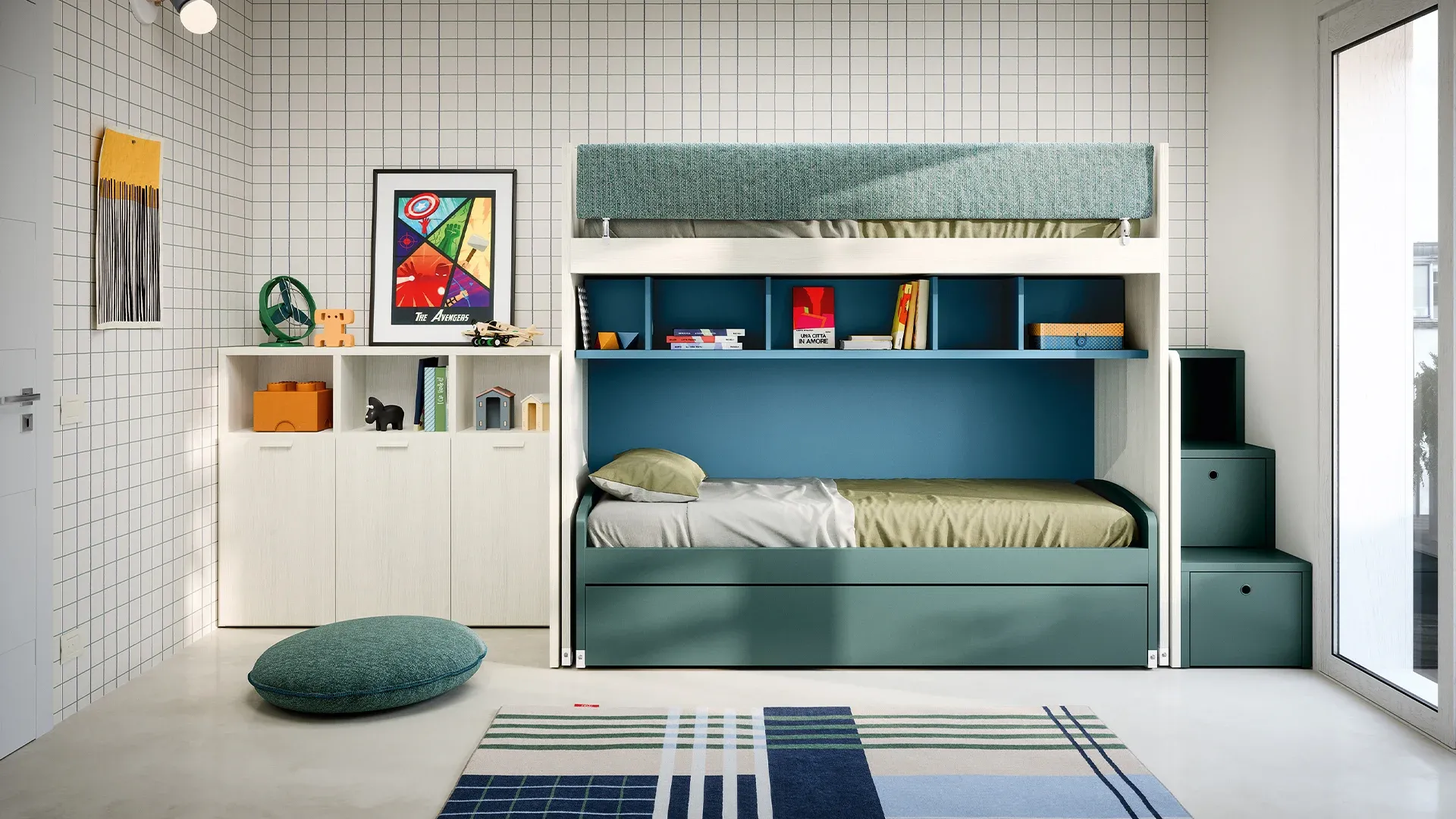Letto Fit Nidi verde petrolio sotto un letto a castello con libreria