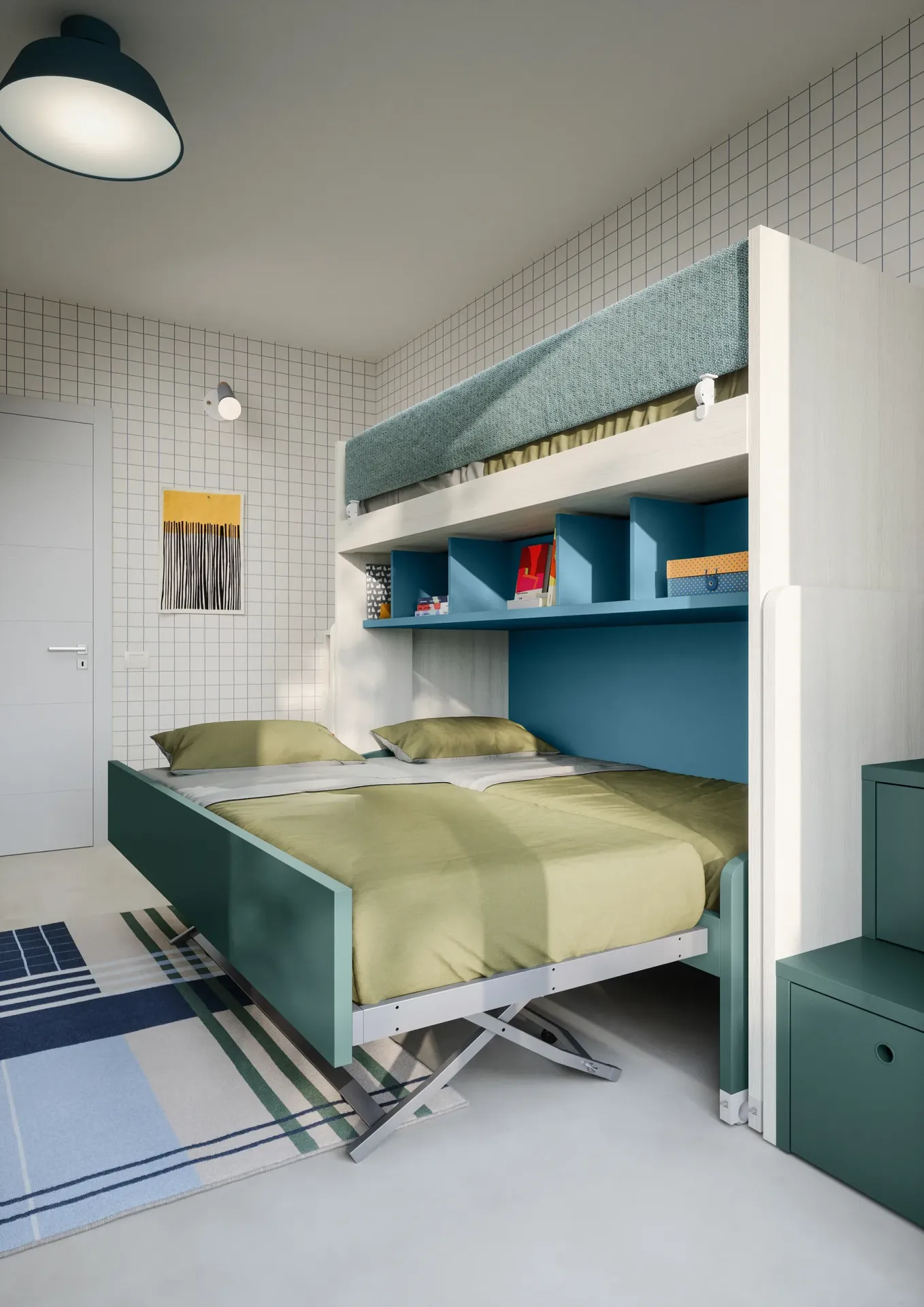 Letto Fit Nidi con letto estraibile aperto sotto il castello