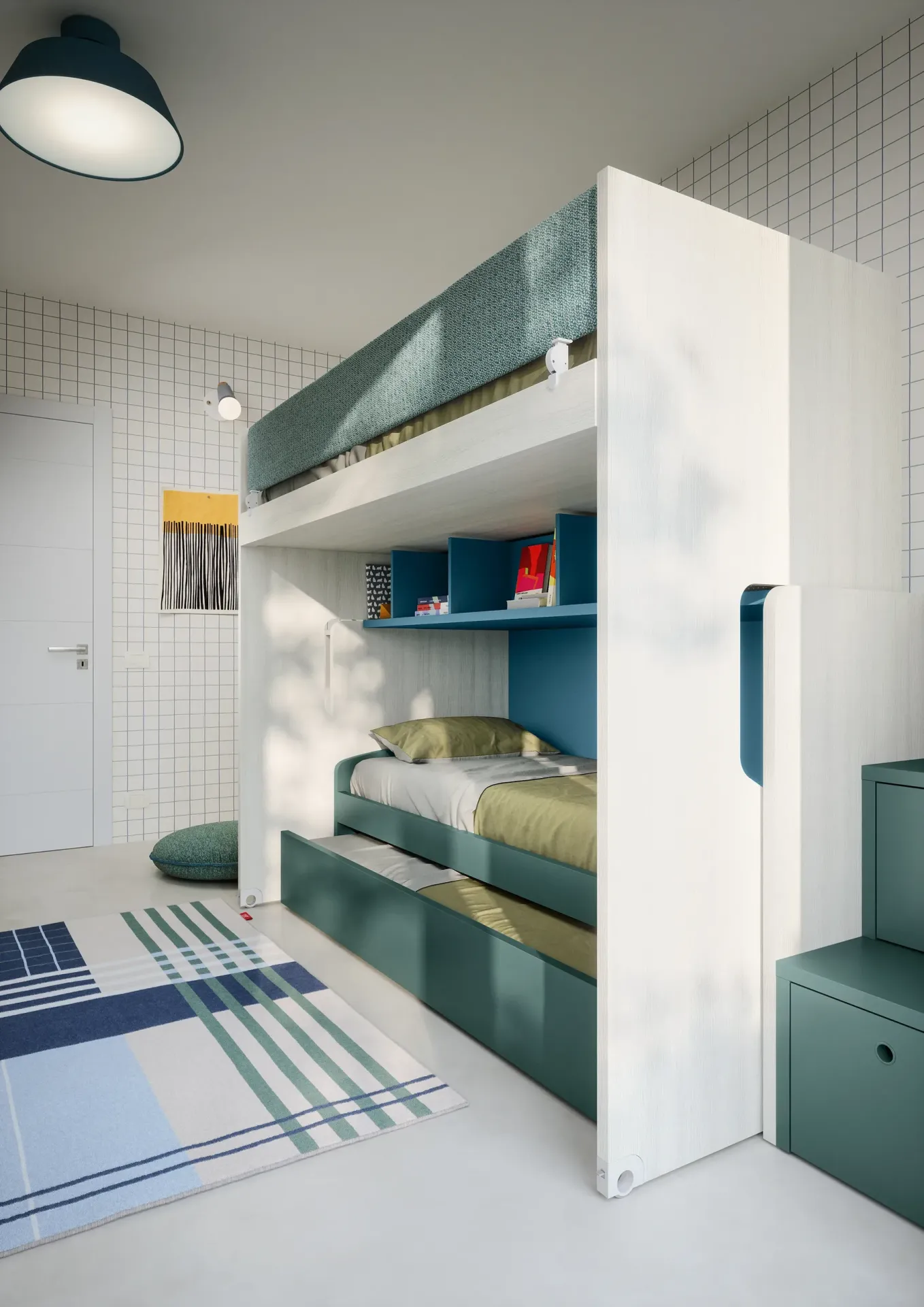 Composizione Nidi con letto Fit e armadio blu in vista laterale