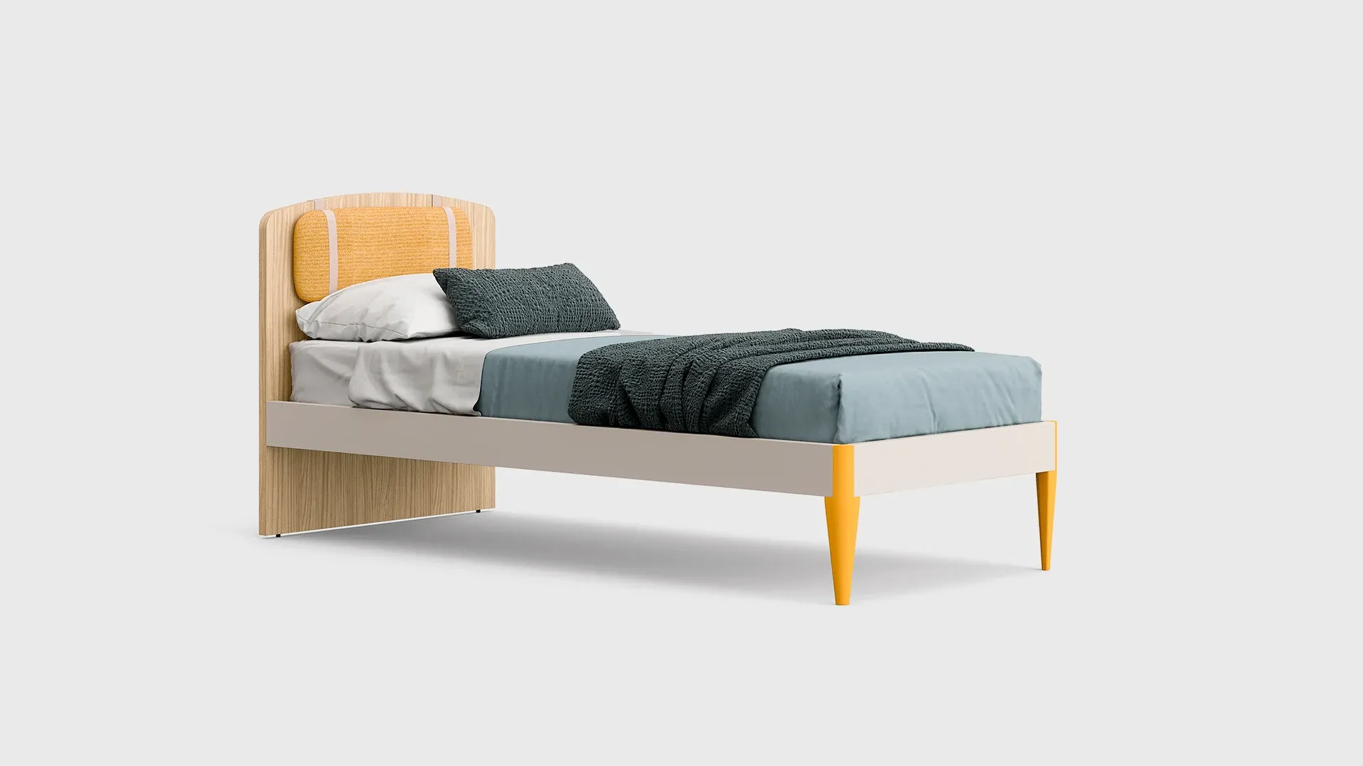 Letto singolo Fit Nidi con testiera gialla e gambe in legno scontornato