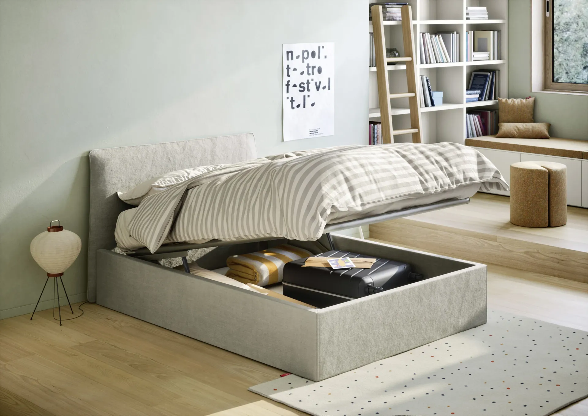 Letto Flare Nidi con rete sollevata sul contenitore