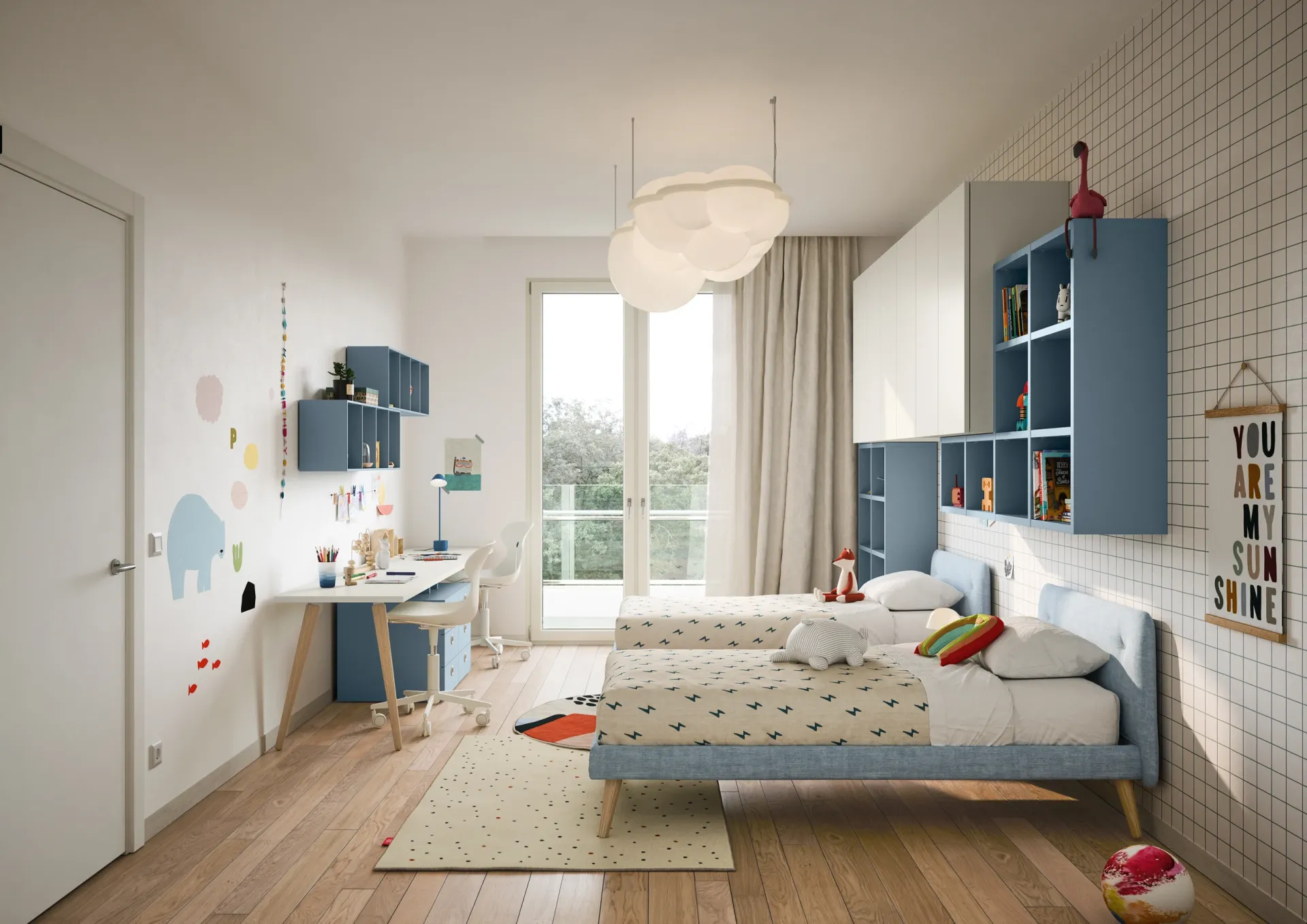 Letto Cleo Nidi su gambe in legno in una cameretta luminosa