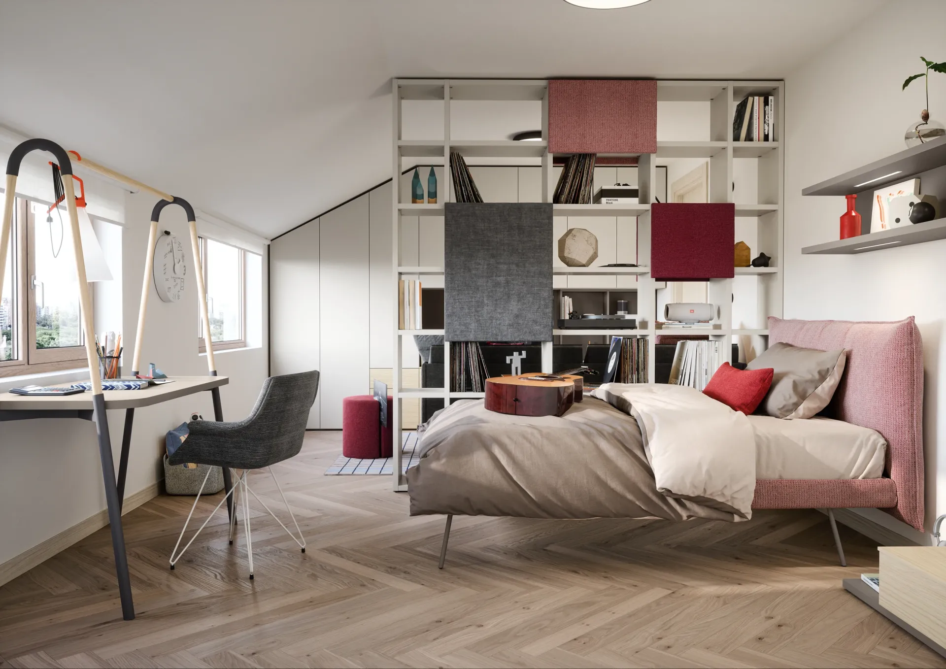 Letto Pillow Nidi rosa davanti a una libreria con ante colorate