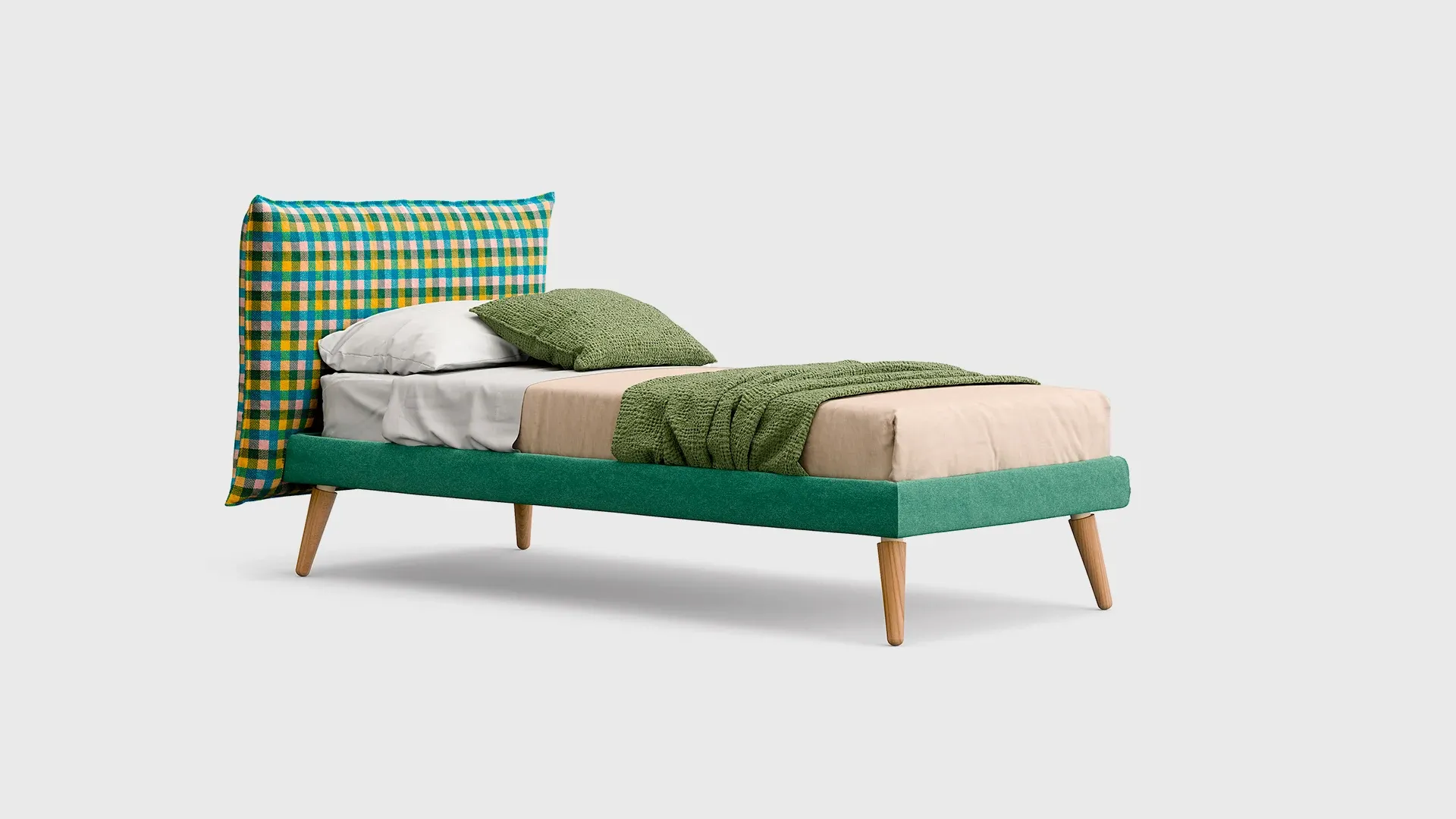 Letto Pillow Nidi con cuscino a quadri verdi e gambe in legno scontornato
