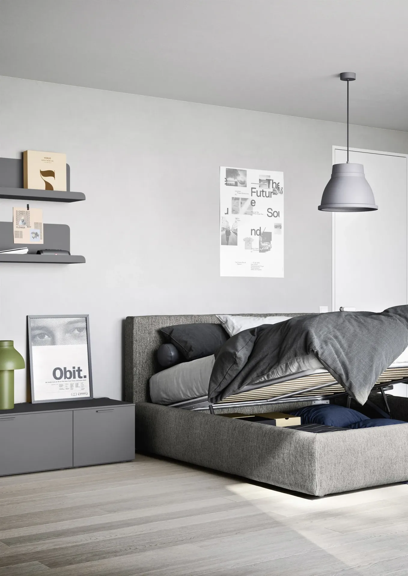 Letto Wind Nidi grigio con rete sollevata sul contenitore