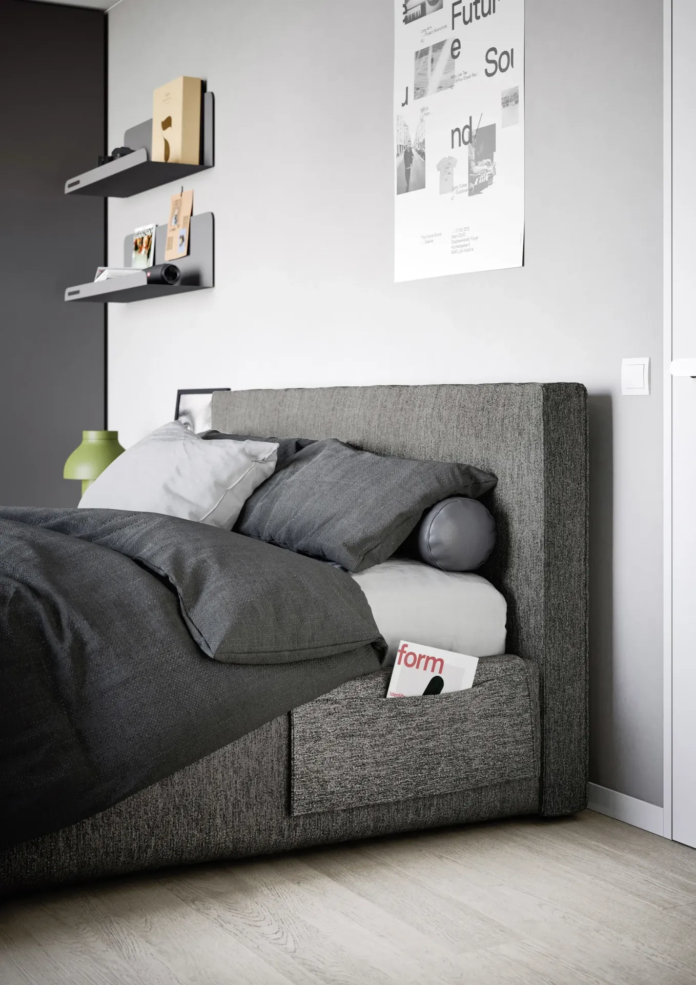 Letto imbottito Wind Nidi grigio con mensole sopra la testiera