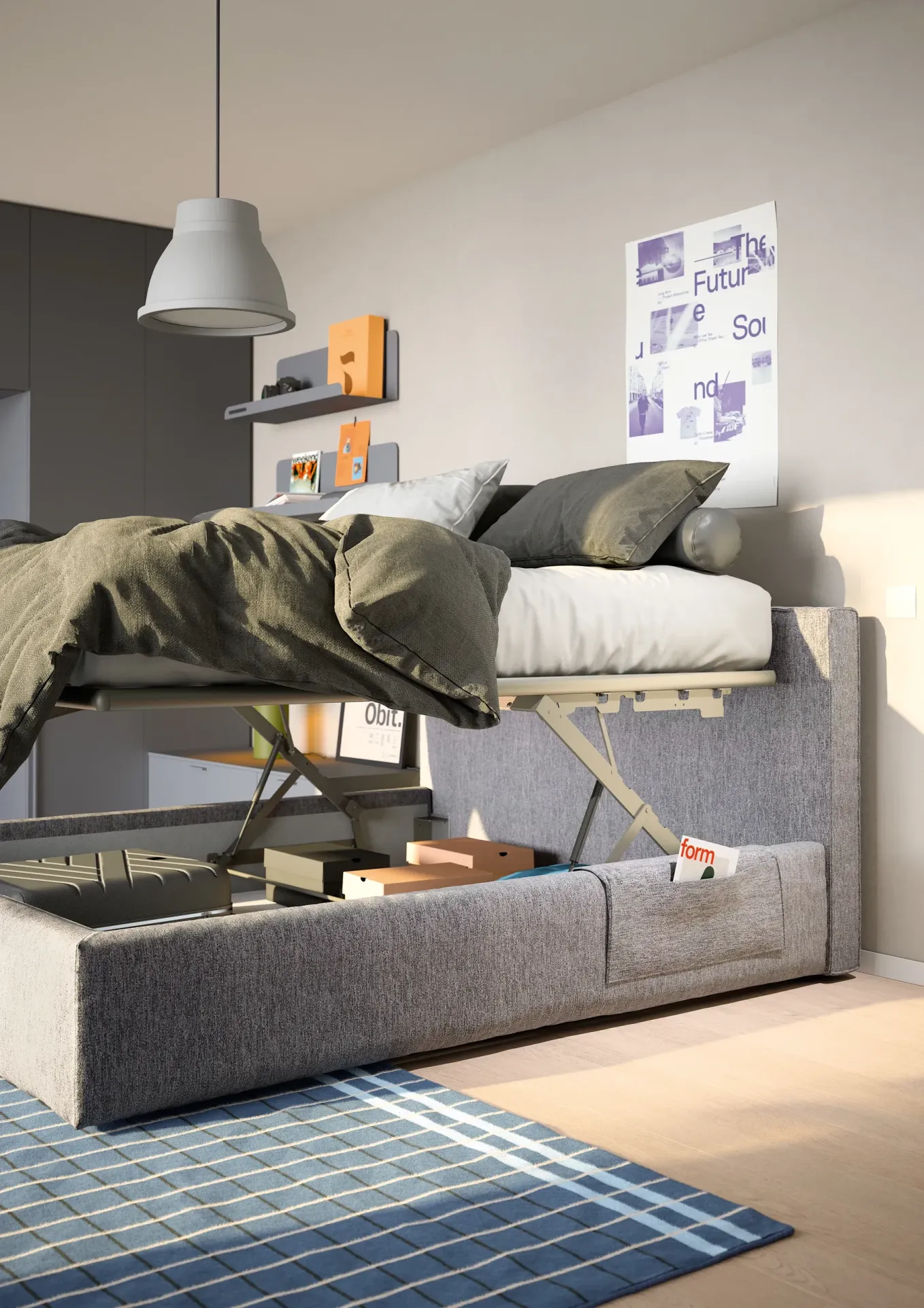 Letto Wind Nidi con contenitore aperto e tappeto a righe blu