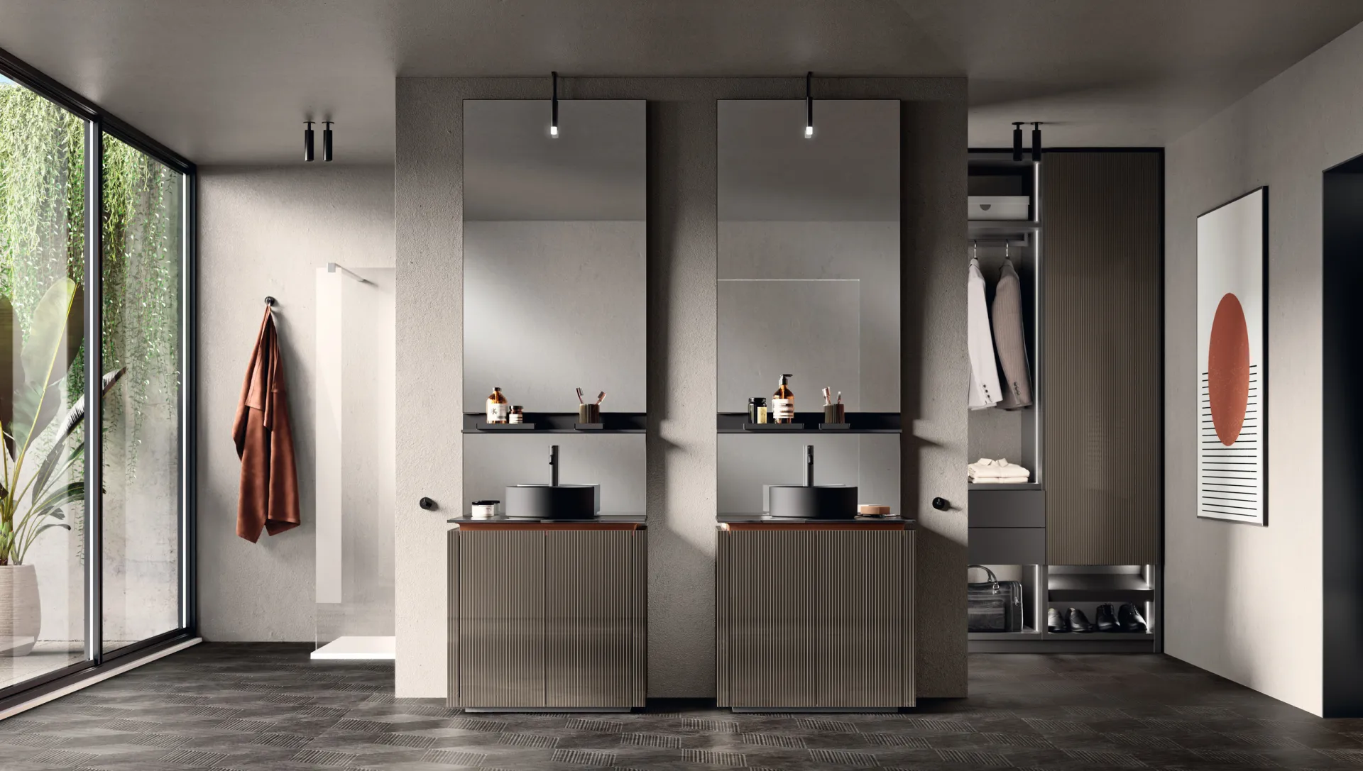 Bagno Lido Scavolini con due basi dogate in laccato lucido Cuvée e lavabi neri in appoggio