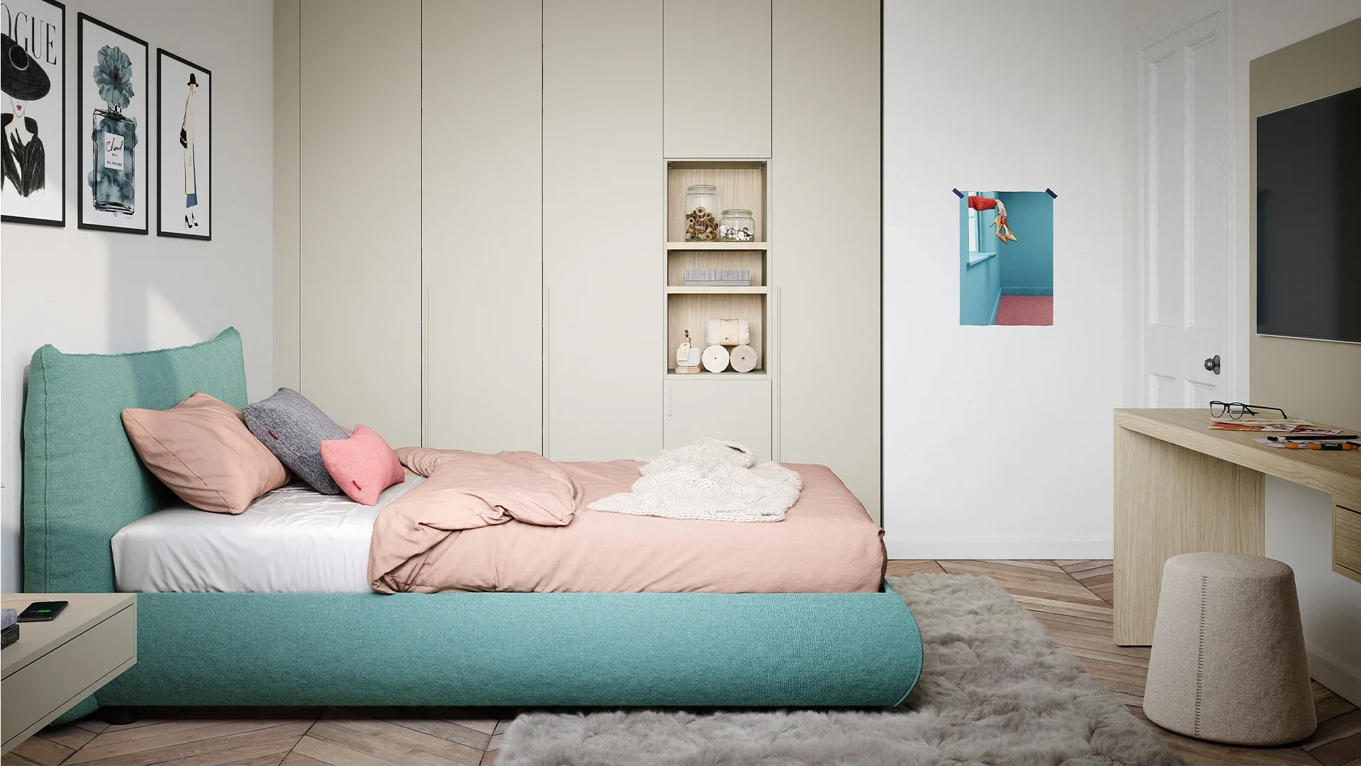 Letto imbottito Roller Nidi verde acqua con lenzuola rosa davanti all'armadio