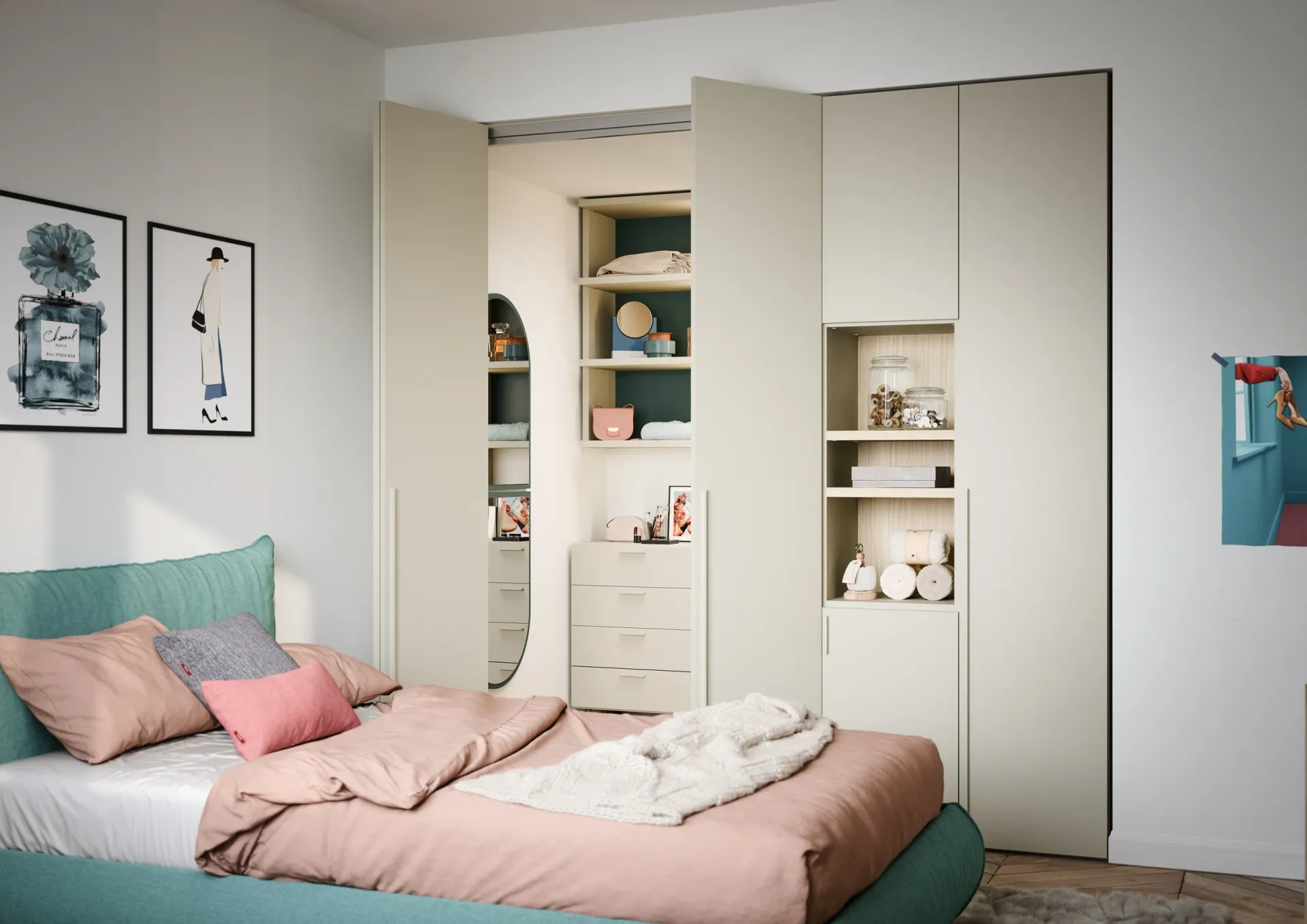 Letto Roller Nidi accanto all'armadio aperto con vani attrezzati
